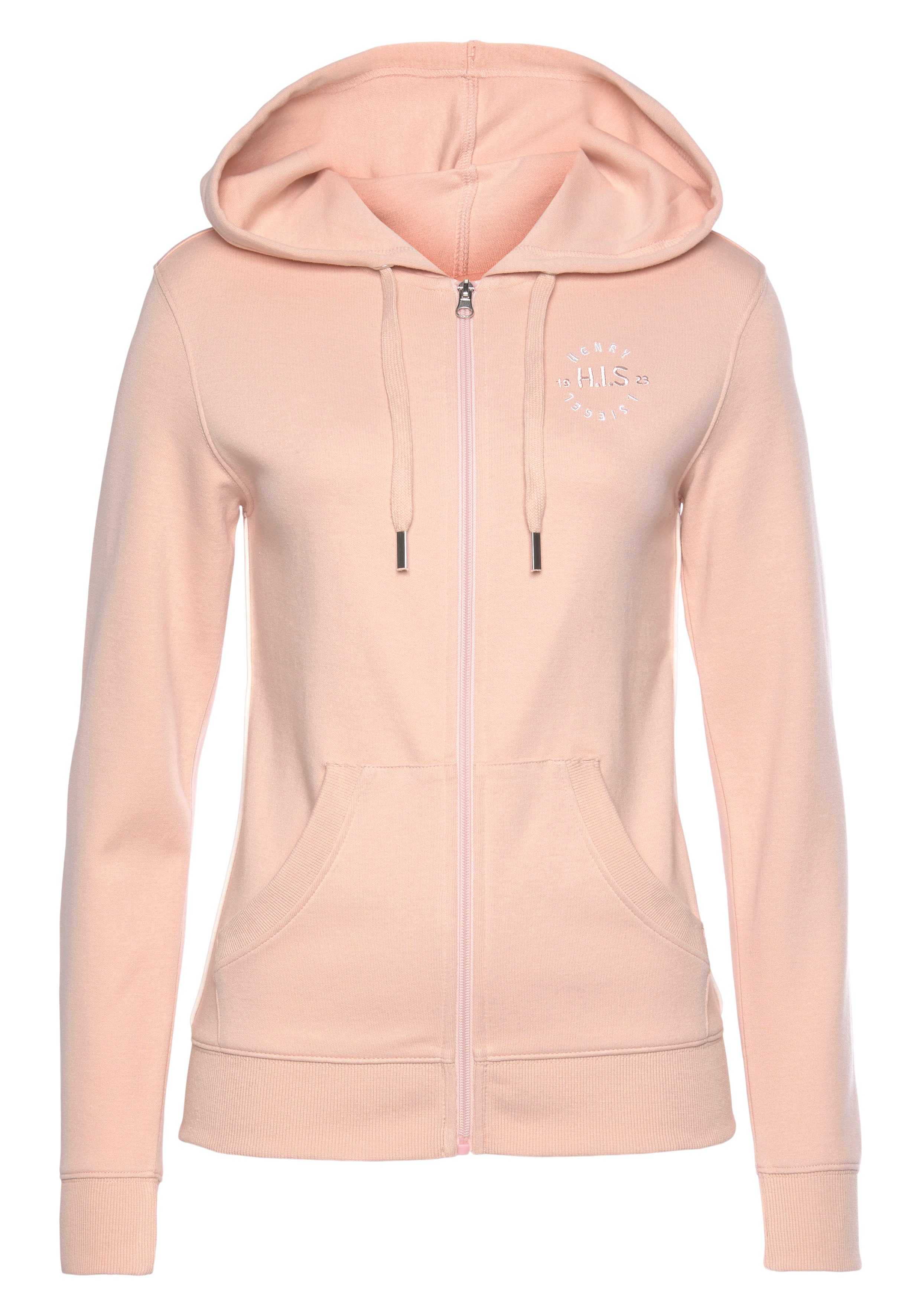 H.I.S Capuchonsweatvest met zijpiping en kleine merkborduurwerk, loungepak tops & hoodies maat 36/38 roze