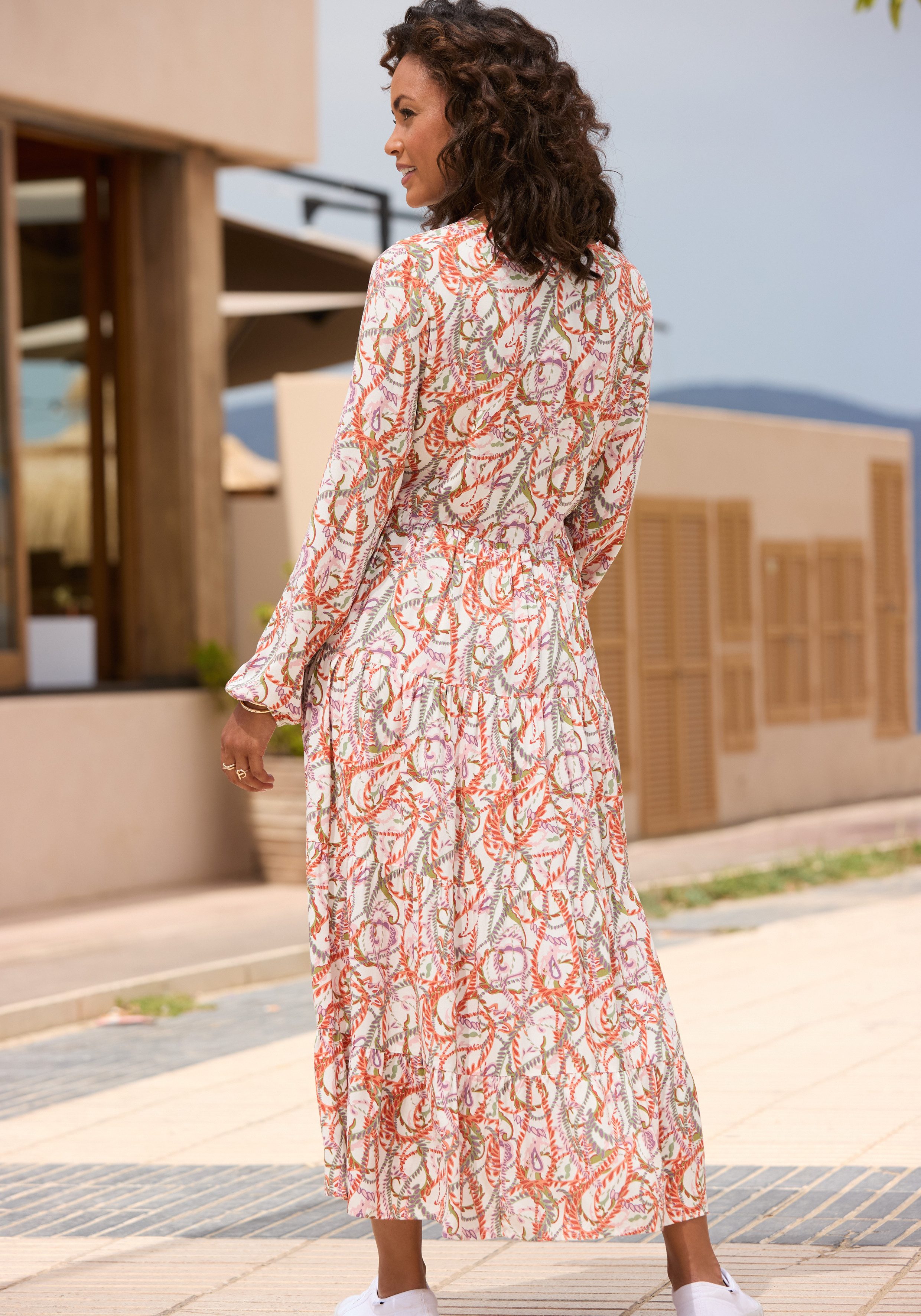 Lascana Maxi-jurk met all-over print en volants, lange mouwen, jurk met print, casual-chic