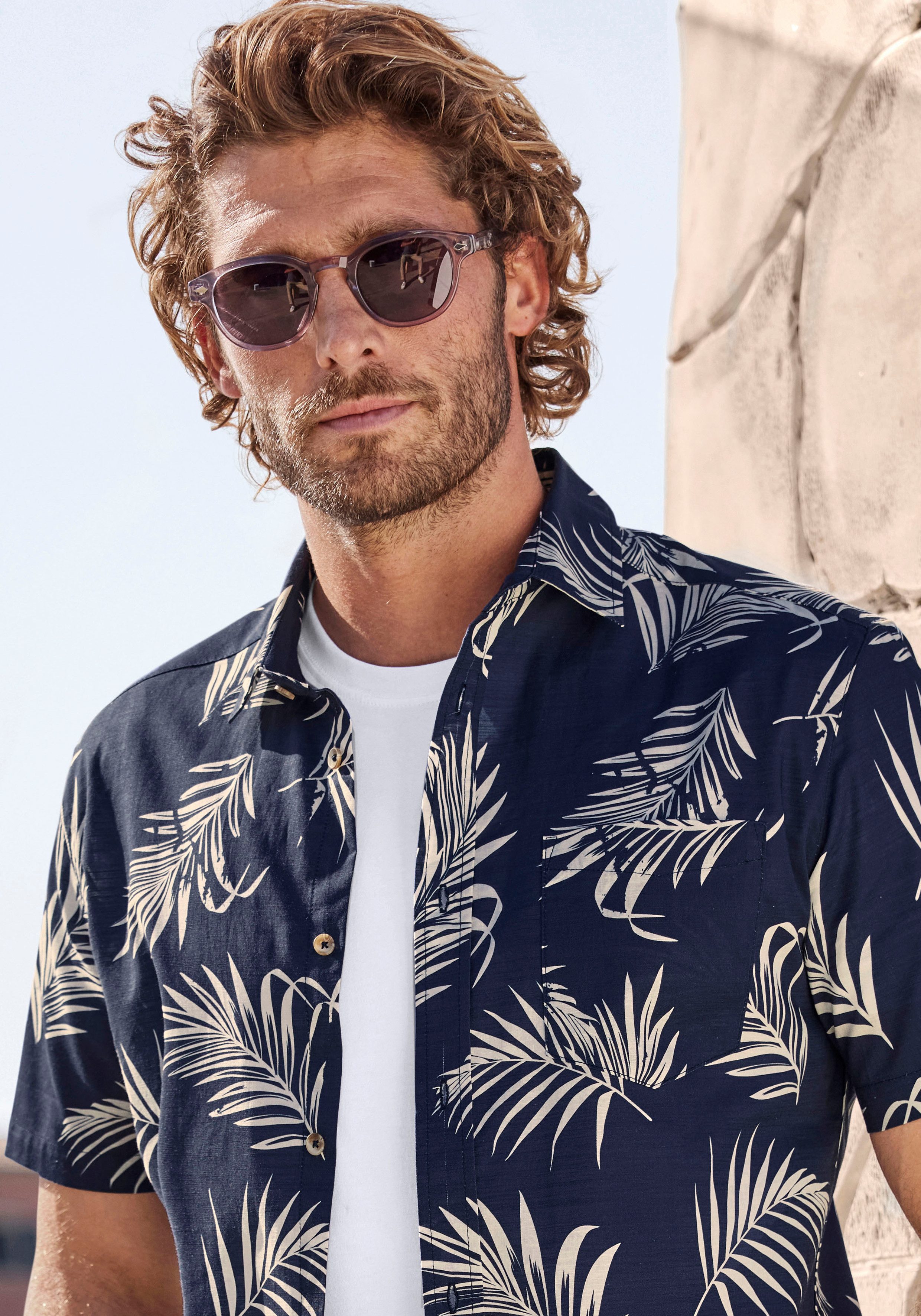 John Devin Hawaï-overhemd Regular fit Korte mouwen, vrijetijdsshirt met palmprint van 100% katoen