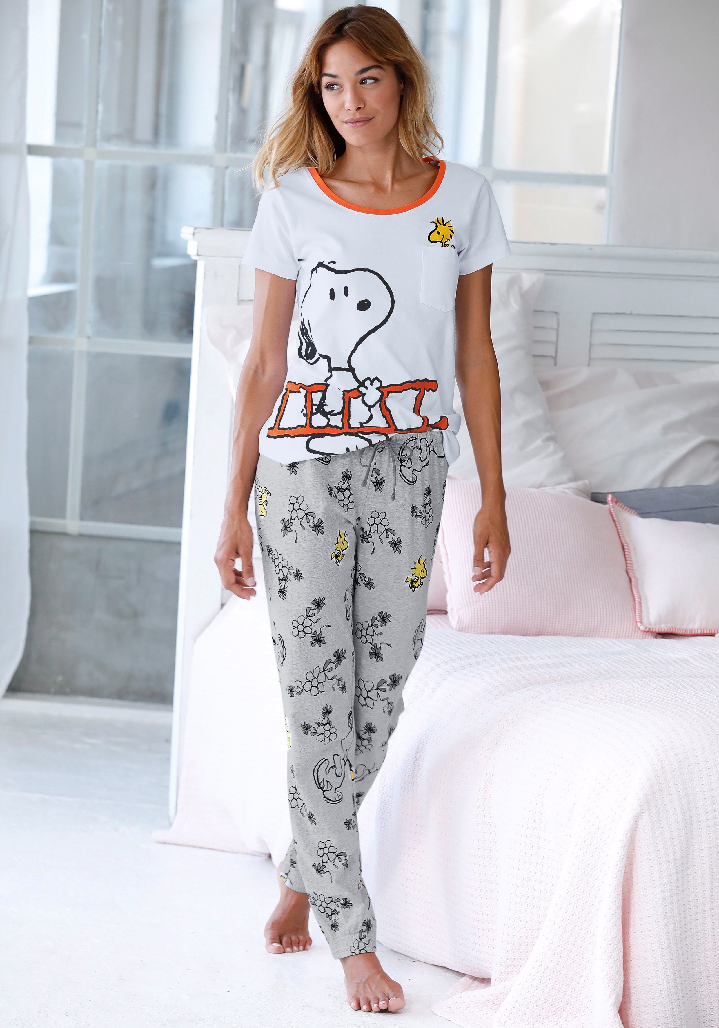 Peanuts Pyjama met snoopy- en woodstock-print (2-delig, 1 stuk)