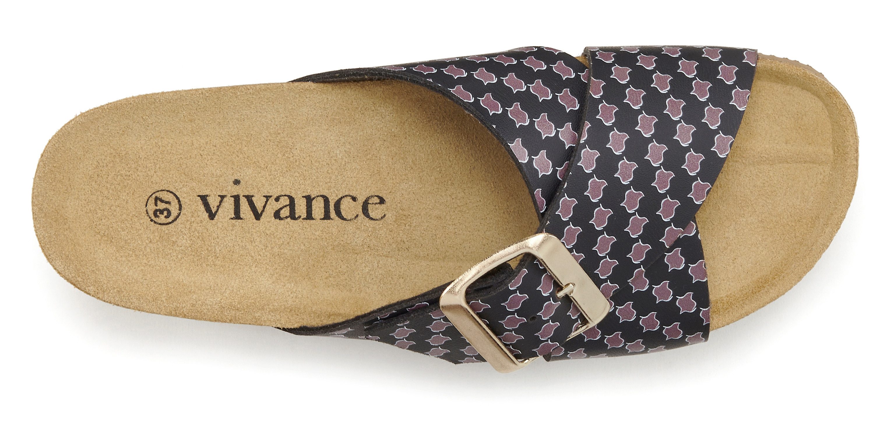 Vivance Slippers Sandaal, mule, open schoen met comfortkurk voetbed van leer, sleehak en print