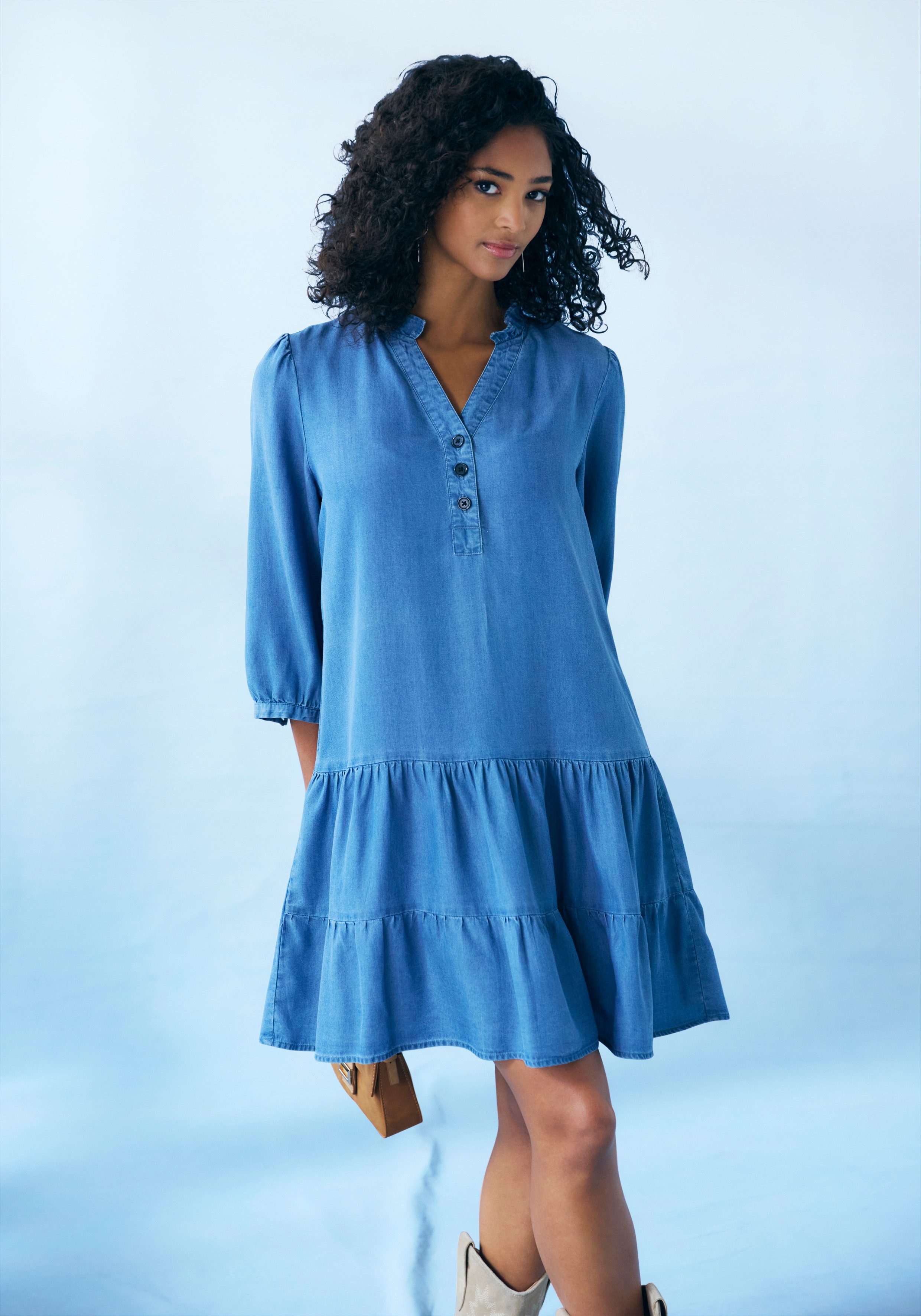 Lascana Jeans jurk met ruches bij de hals en knoopsluiting, overhemdblouse, blousejurk