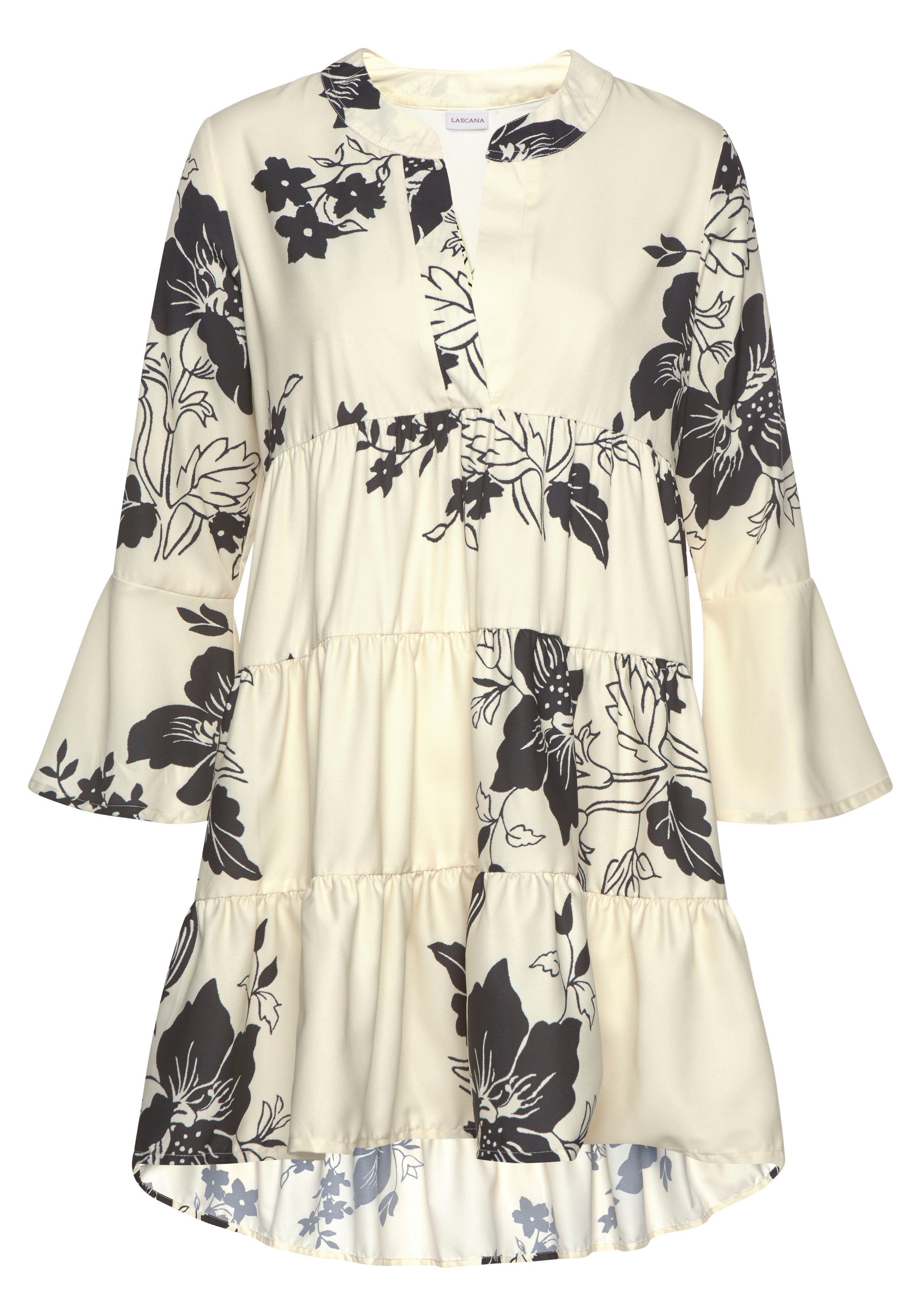 Lascana Blousejurk in wijd model met volants en bloemenprint, tuniekjurk, strandjurk strandjurkjes maat 52/54 beige