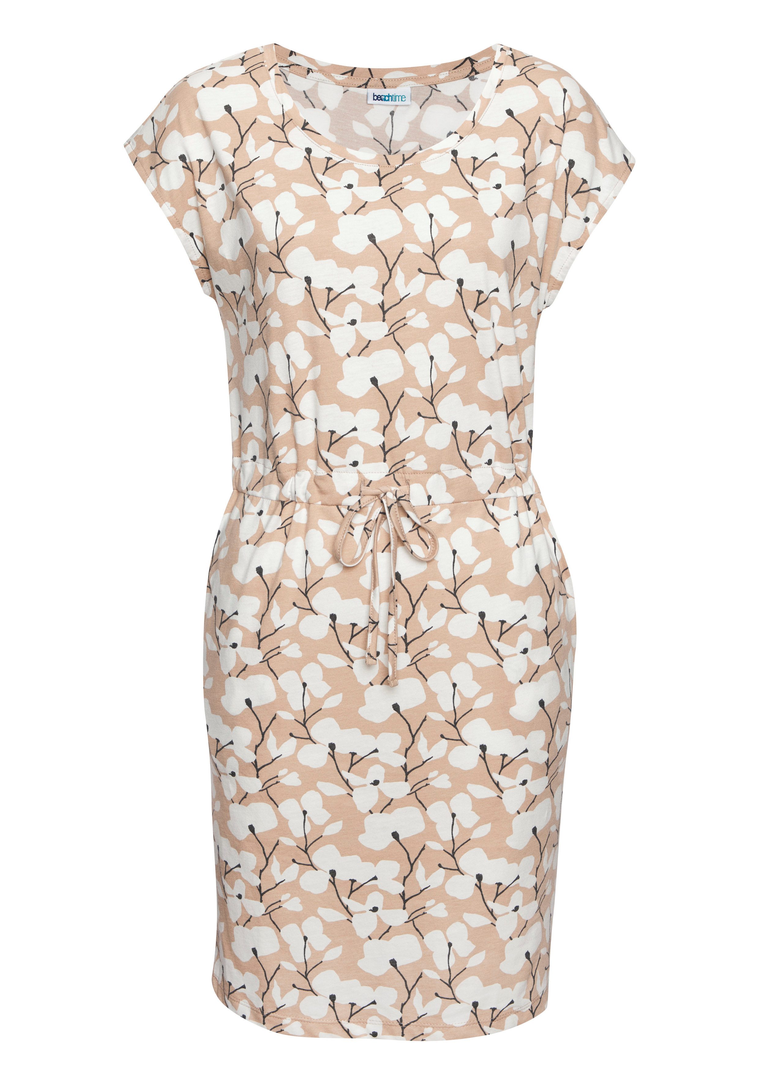 Beachtime Jerseyjurk met bloemenpatroon en zakken, zomerjurk van katoenmix strandjurkjes maat 34 beige