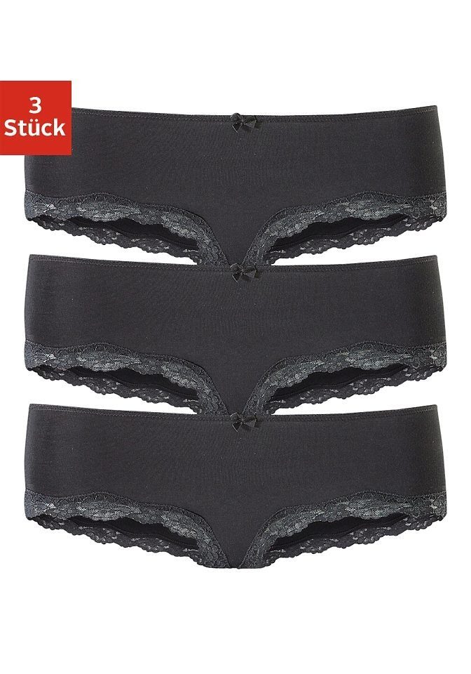 Lascana Hipster van elastische katoen met delicate kant (3 stuks)