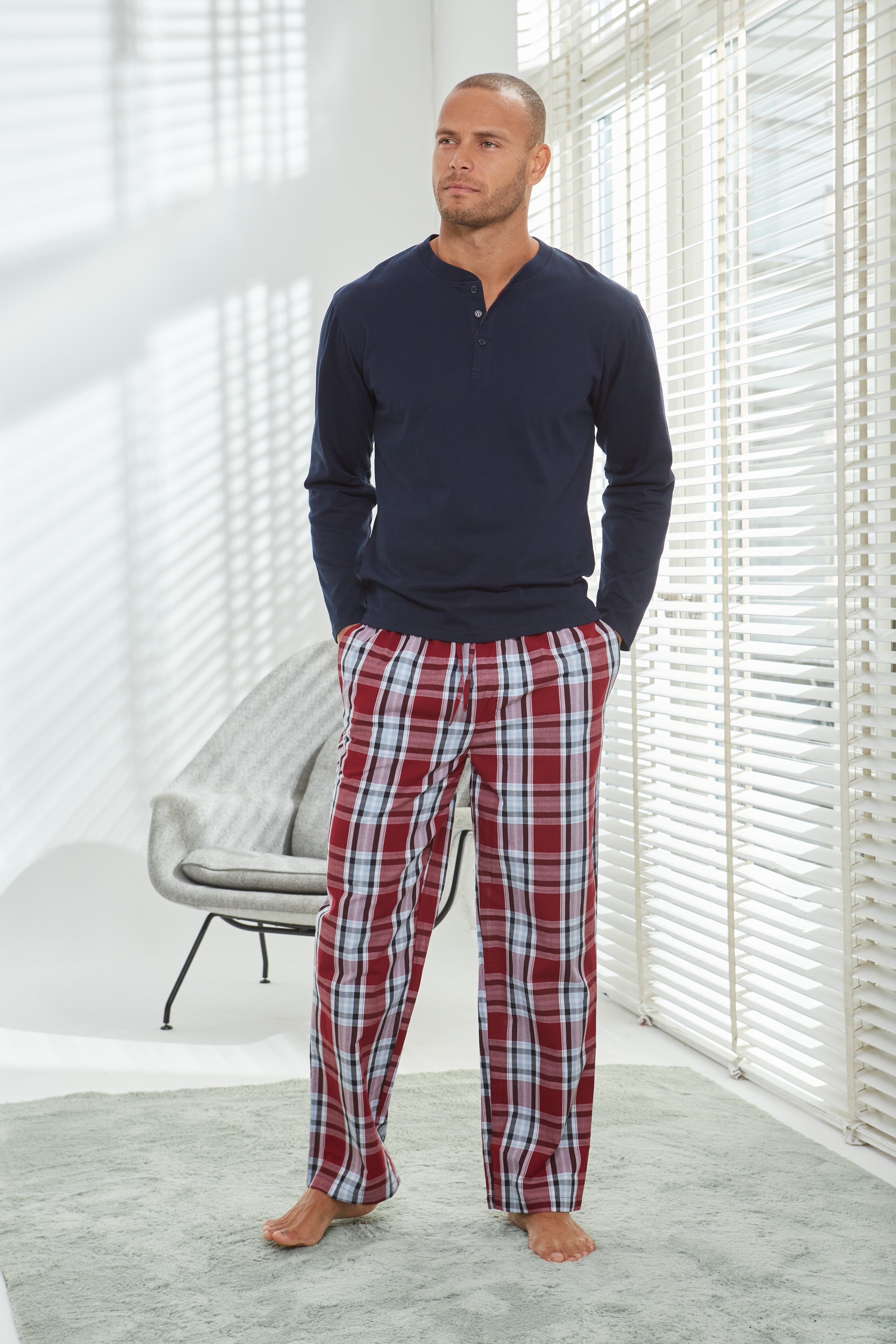 H.I.S Pyjama Pyjama in lange vorm met geweven broek (2-delig, 1 stuk)