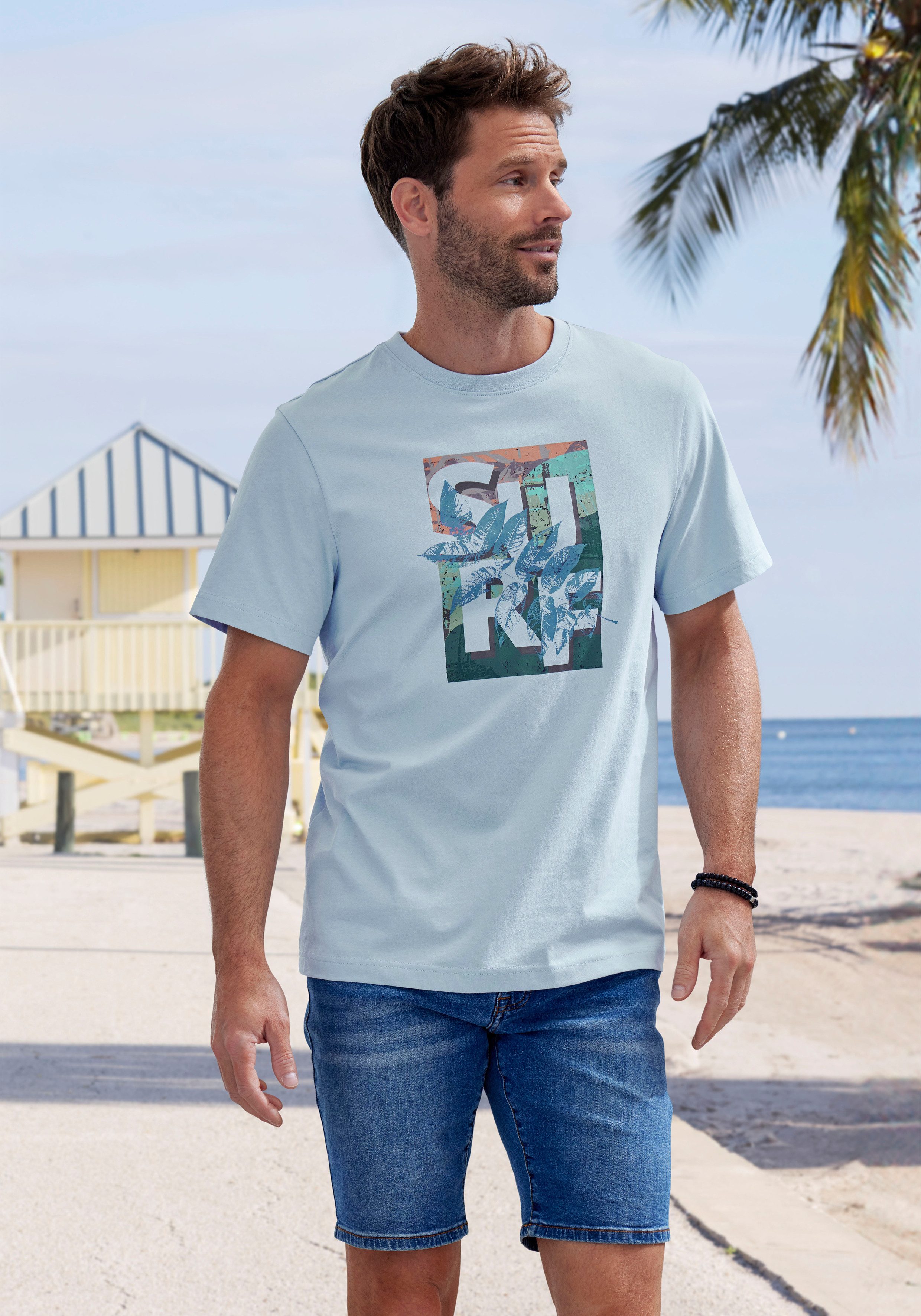 John Devin T-shirt Ronde hals shirt met surf-print van 100% katoen