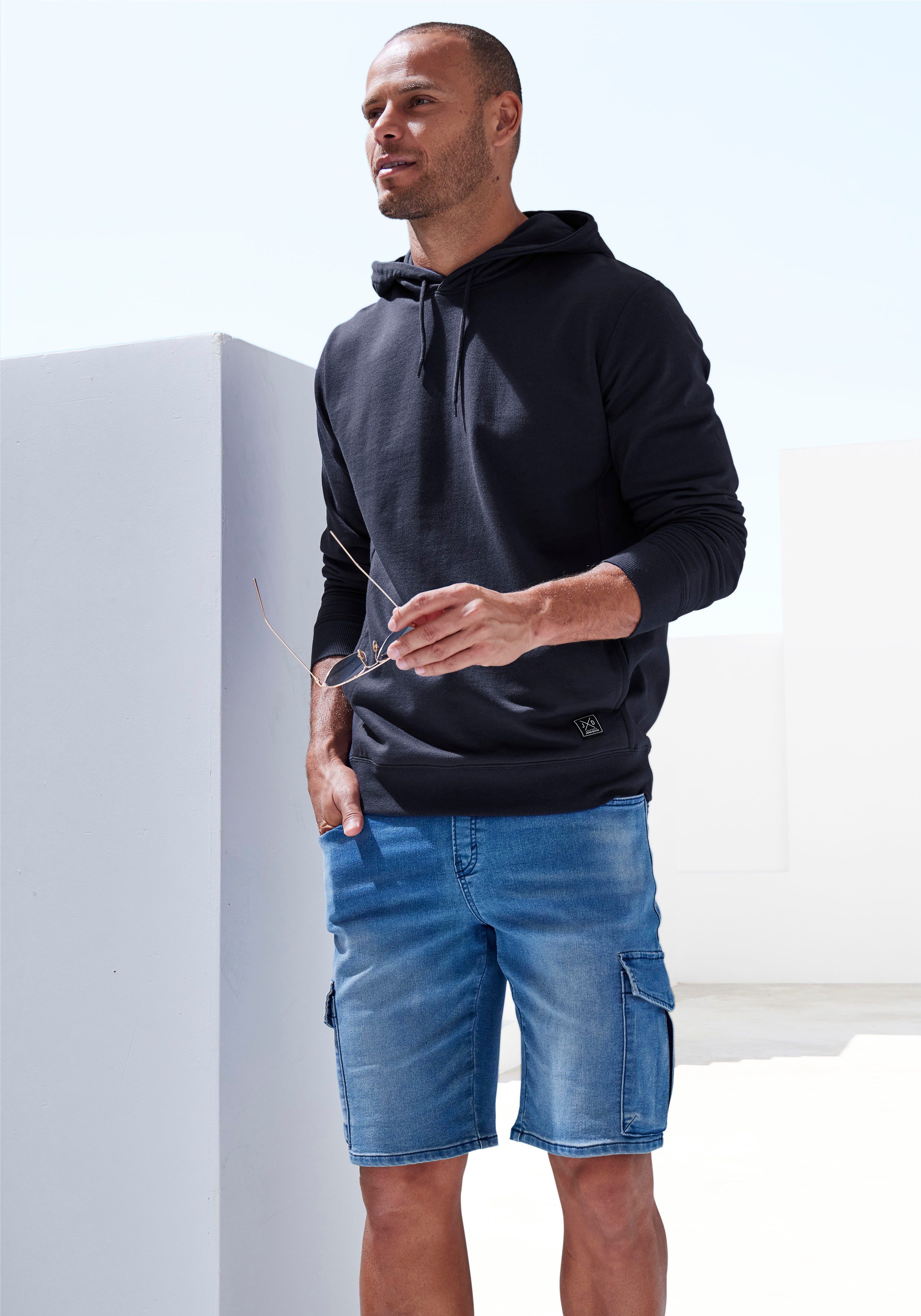 John Devin Hoodie Langarm, sweatshirt met ronde hals en capuchon, katoenmix