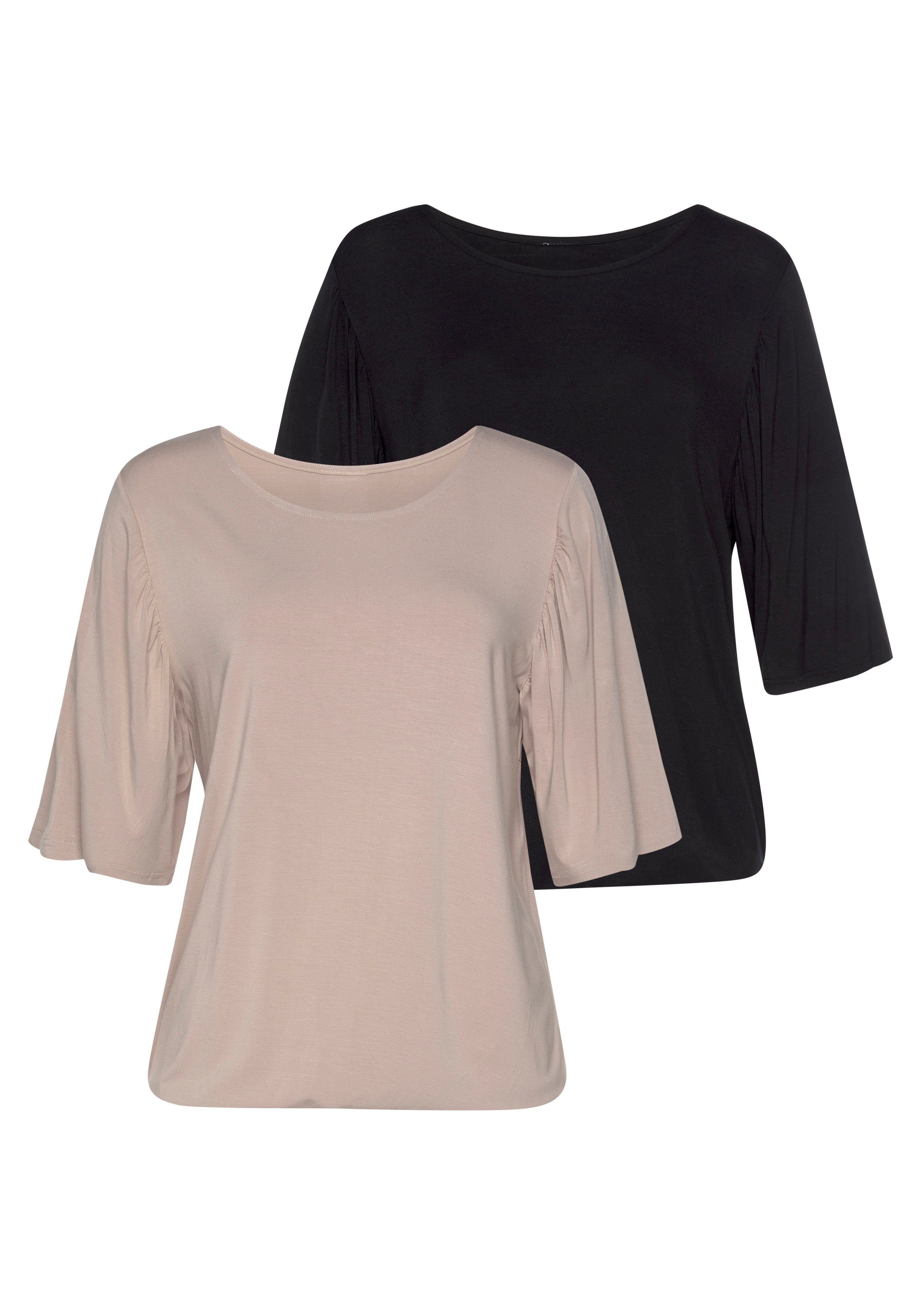 Vivance Shirt met ronde hals Met fijne plooi aan de mouwen (Set van 2)
