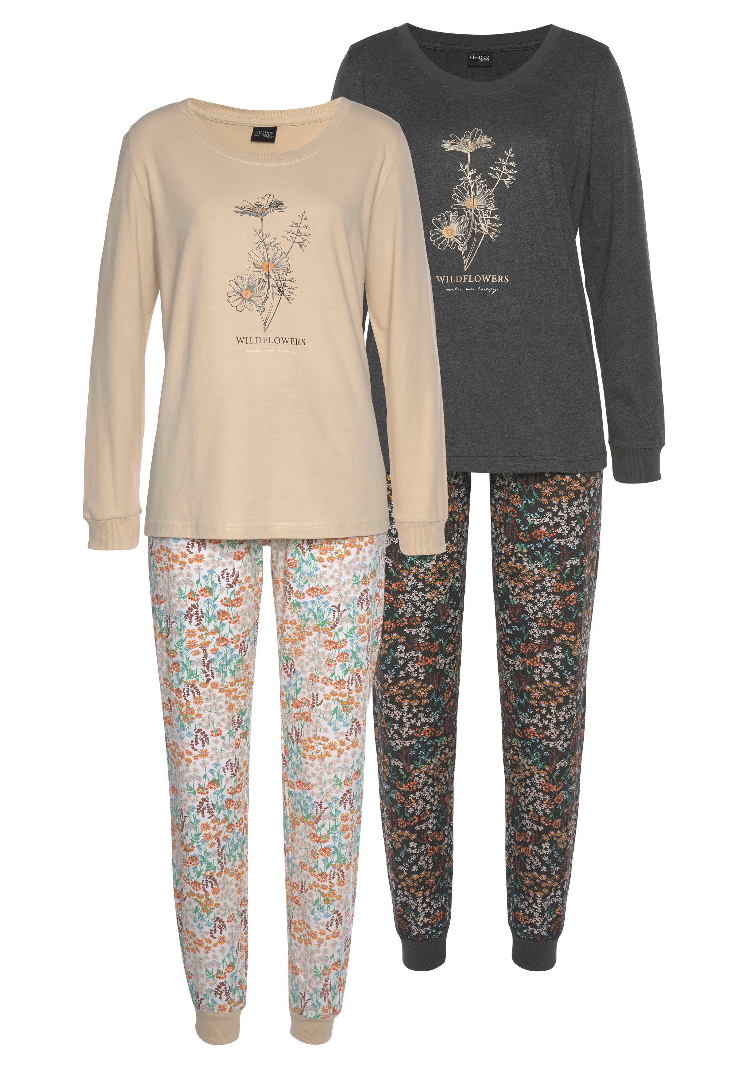 Vivance Dreams Pyjama met frontprint (4-delig, Set van 2) pyjama's maat 40/42 beige
