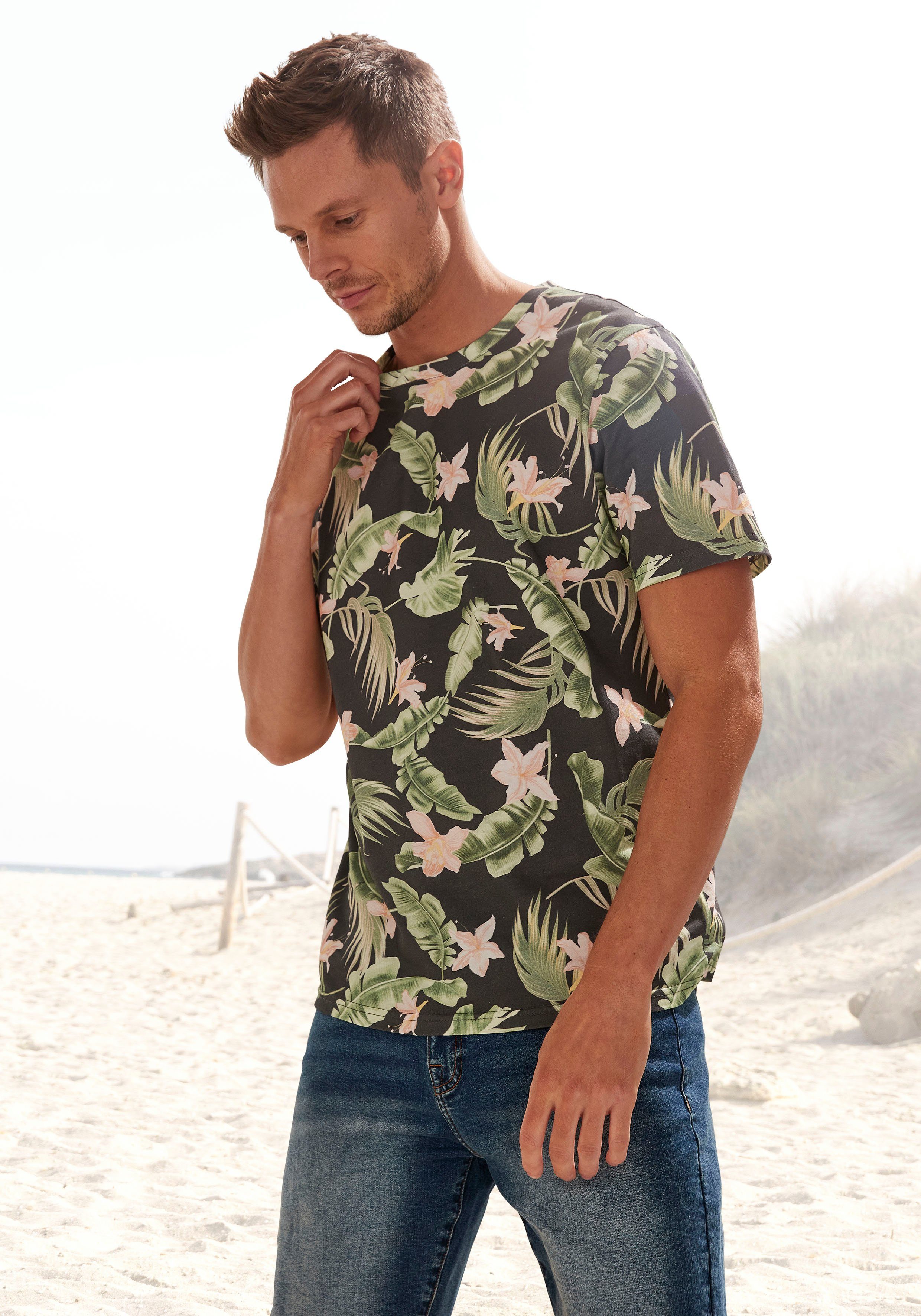 Beachtime T-shirt Regular fit Korte mouwen, vrijetijdsshirt met ronde hals, palmprint, 100% katoen