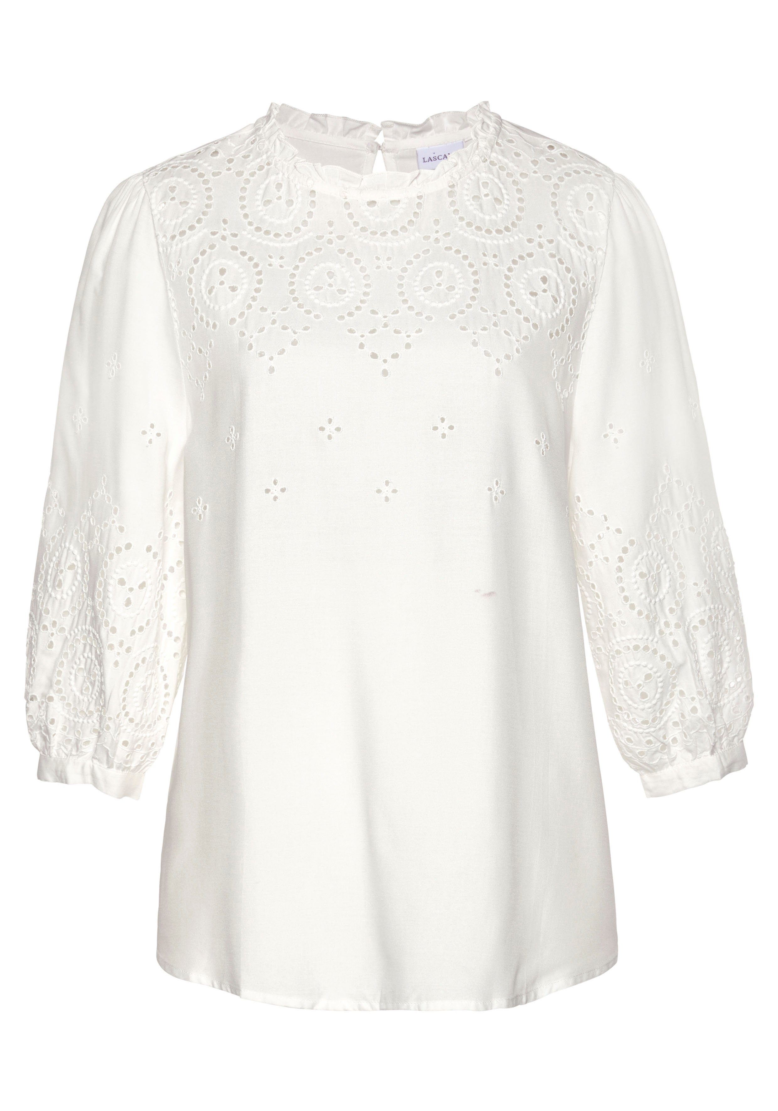 Lascana Blouse zonder sluiting met gaatjesborduurwerk en subtiele ruches, 3/4-mouwen damesblouse shirts maat 38 wit