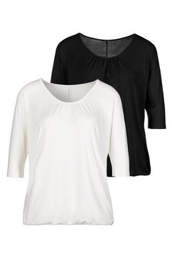 lascana shirt met 3-4-mouwen met fijne plooien bij de hals (set van 2) wit