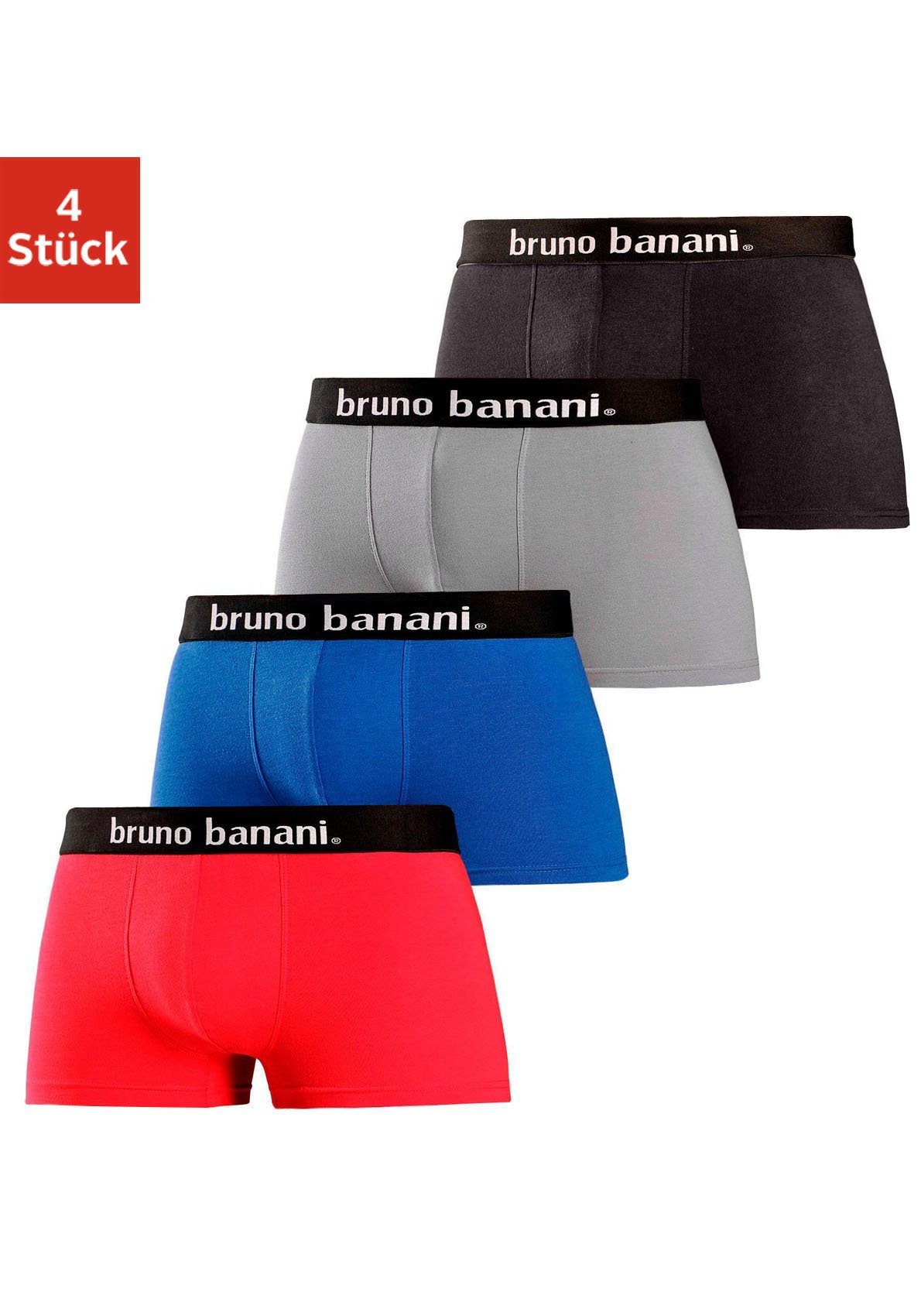 Bruno Banani Hipster strak zittende boxershorts in uni of gemusterd van katoenmix (set, 4 stuks)