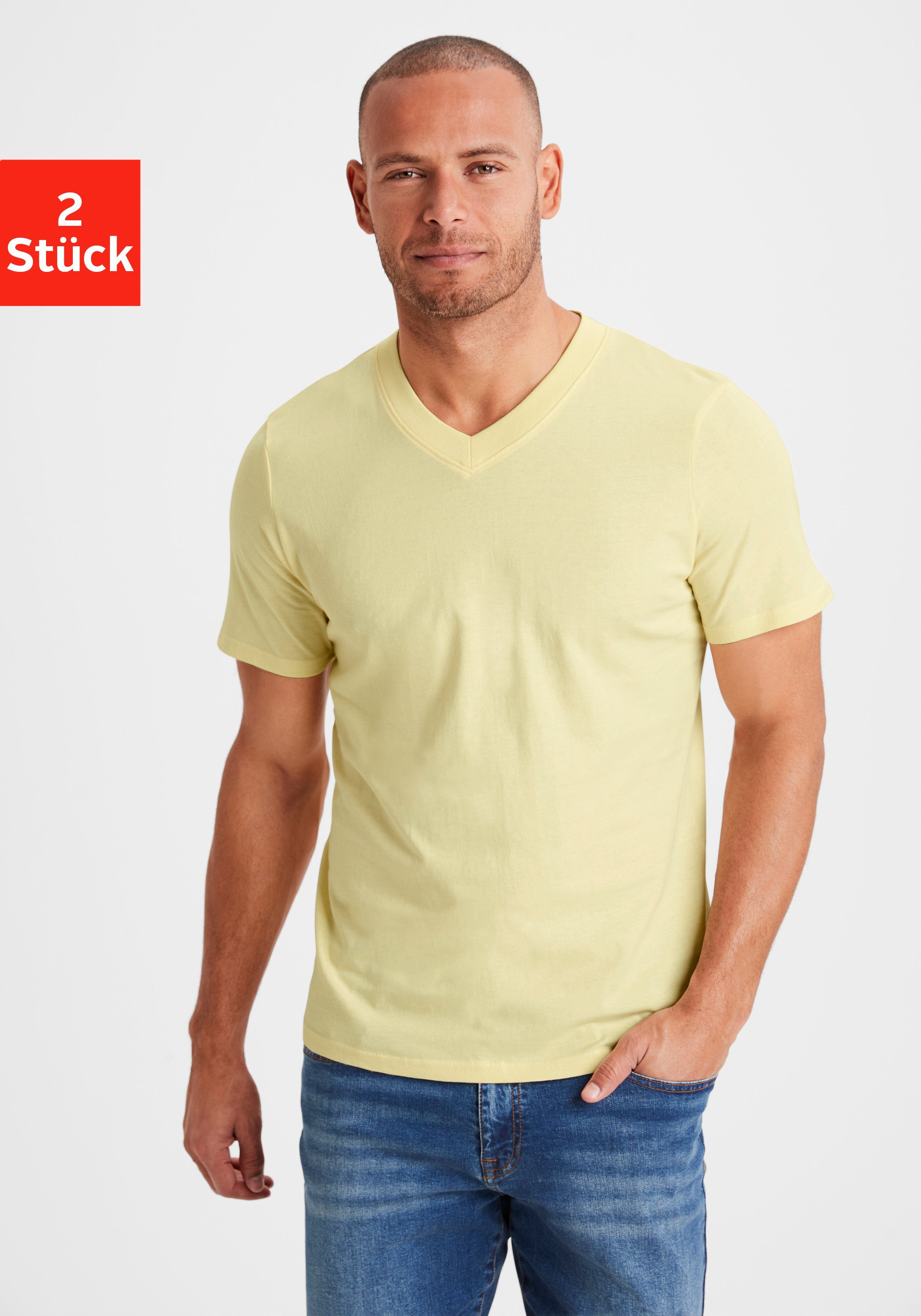 KangaROOS T-shirt Regular fit Vrijetijdsshirt met korte mouwen, V-hals van 100% katoen (Set van 2)