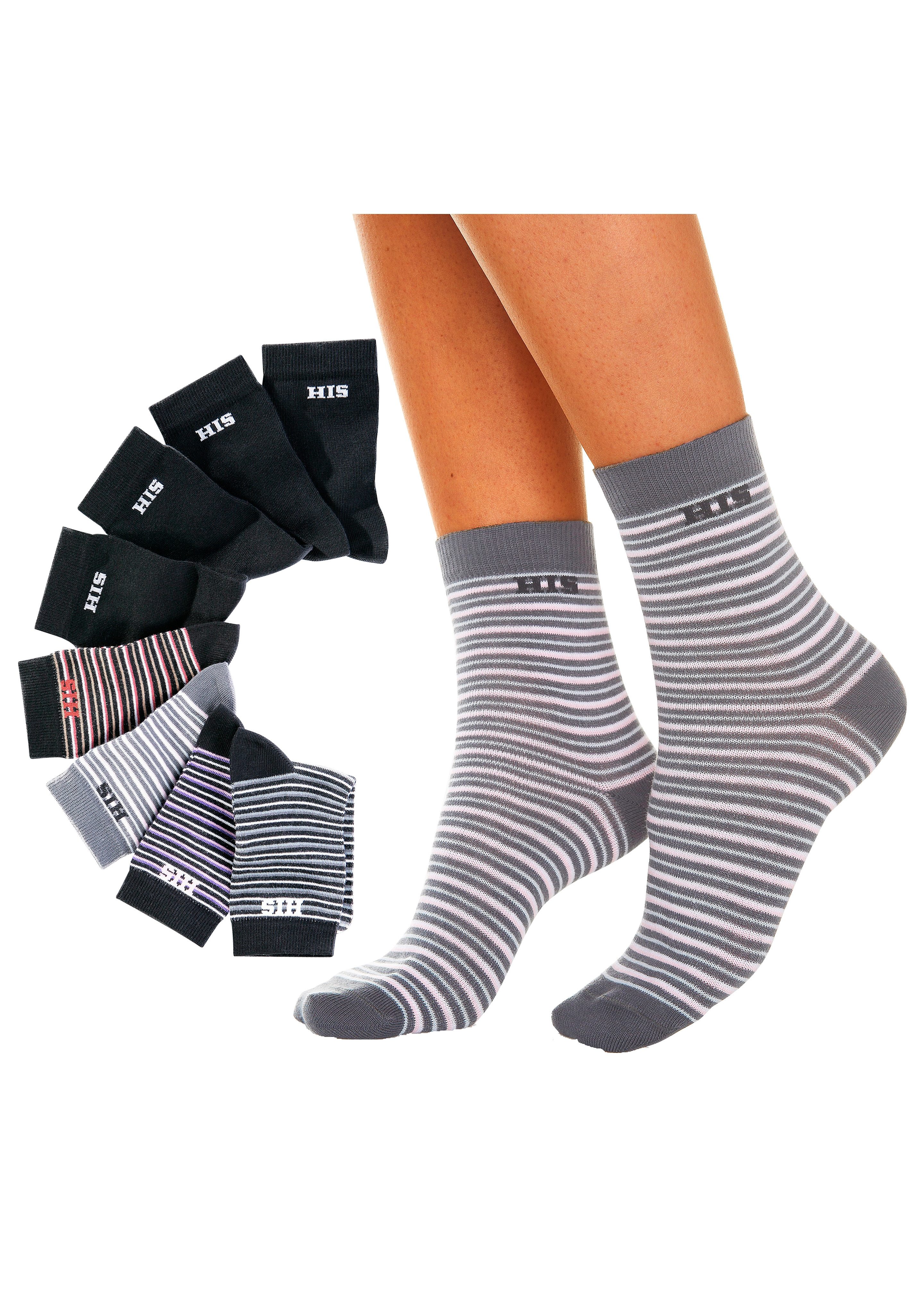 H.I.S Sokken gestreept en unikleur (set, 8 paar)