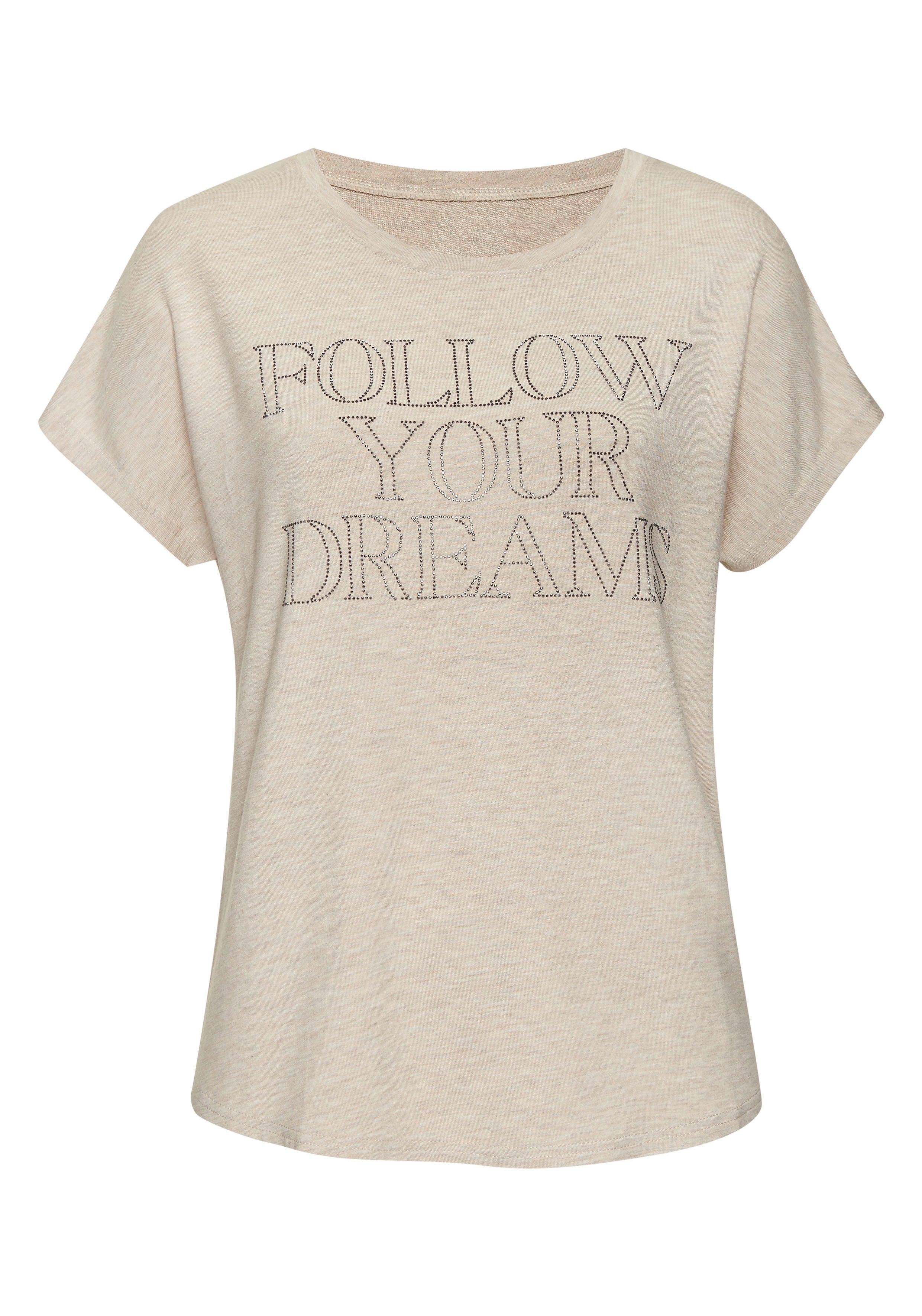 Lascana Shirt met ronde hals Met tekst van strassstenen van hoogwaardige french terry-kwaliteit van viscose