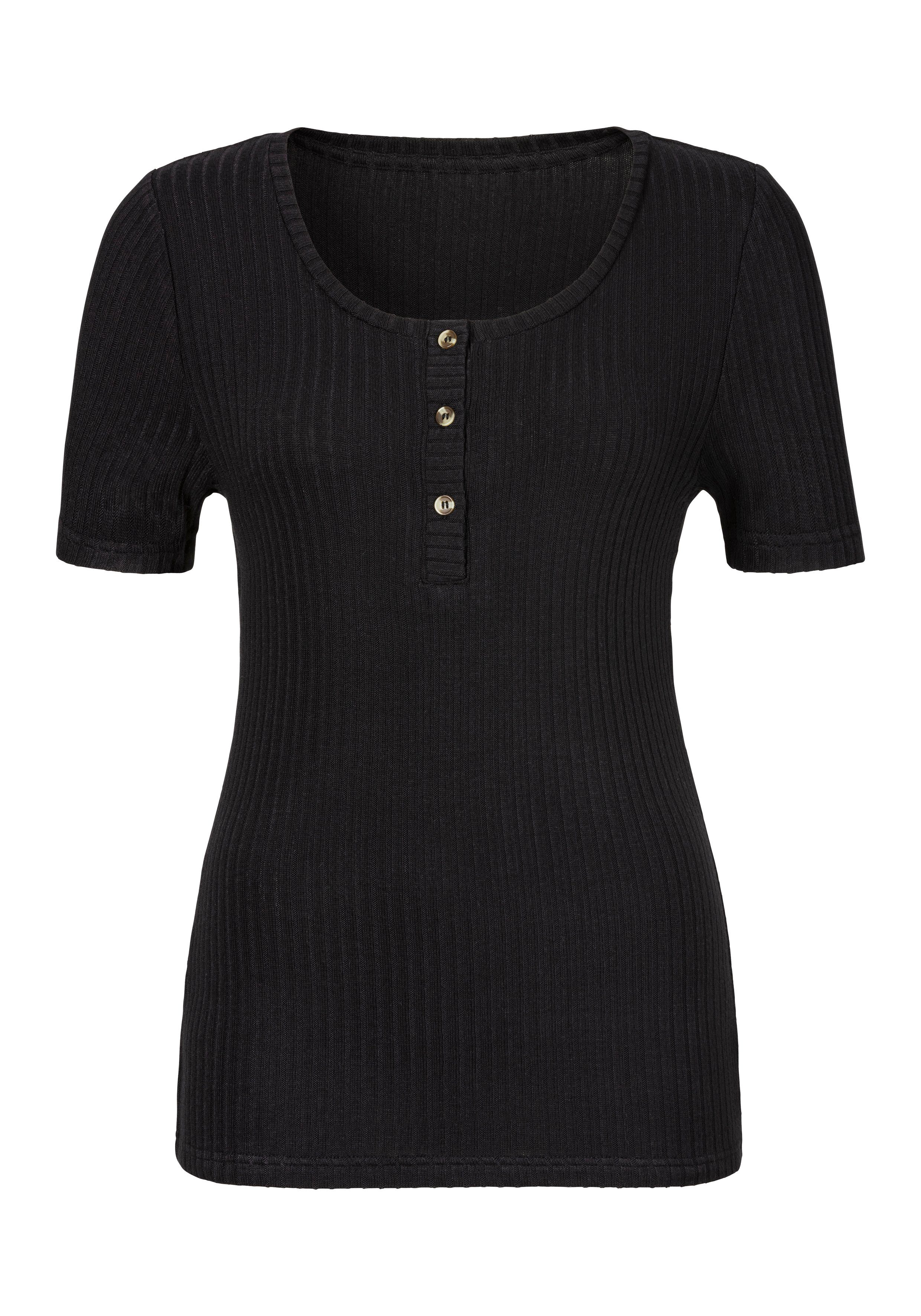 Lascana T-shirt Met korte knoopsluiting van zachte viscose-ribkwaliteit shirts maat 48/50 zwart