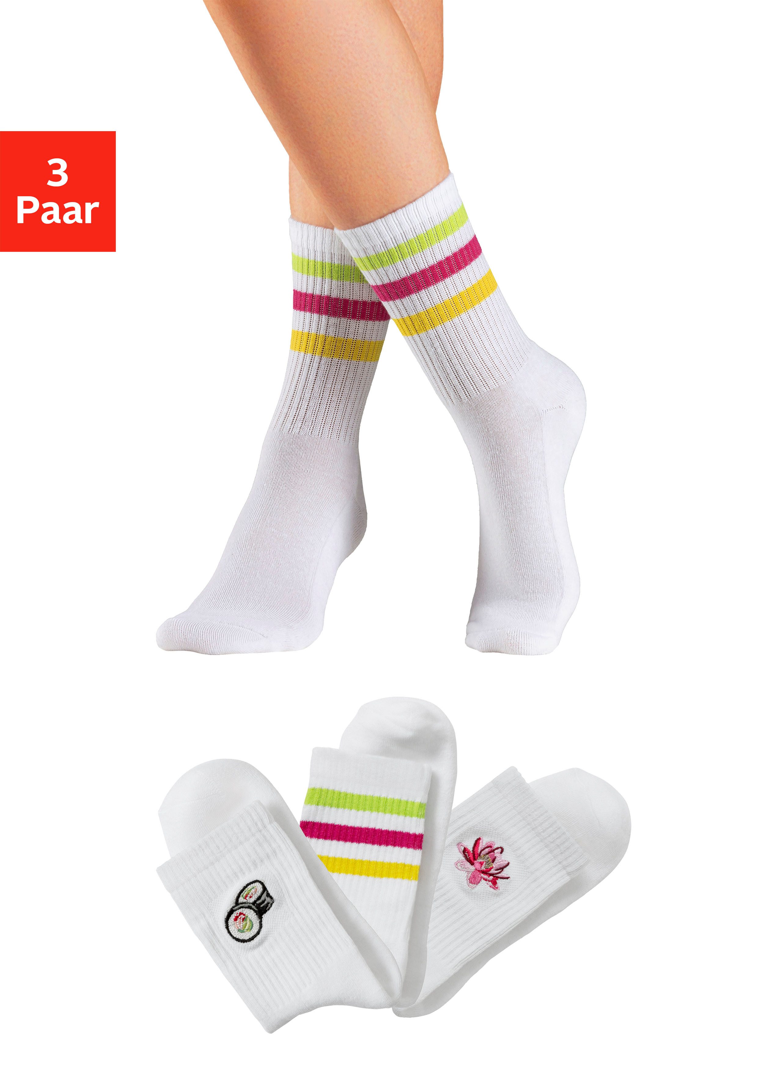 Lascana Tennissokken met frotté-zool en borduursel (set, 3 paar)