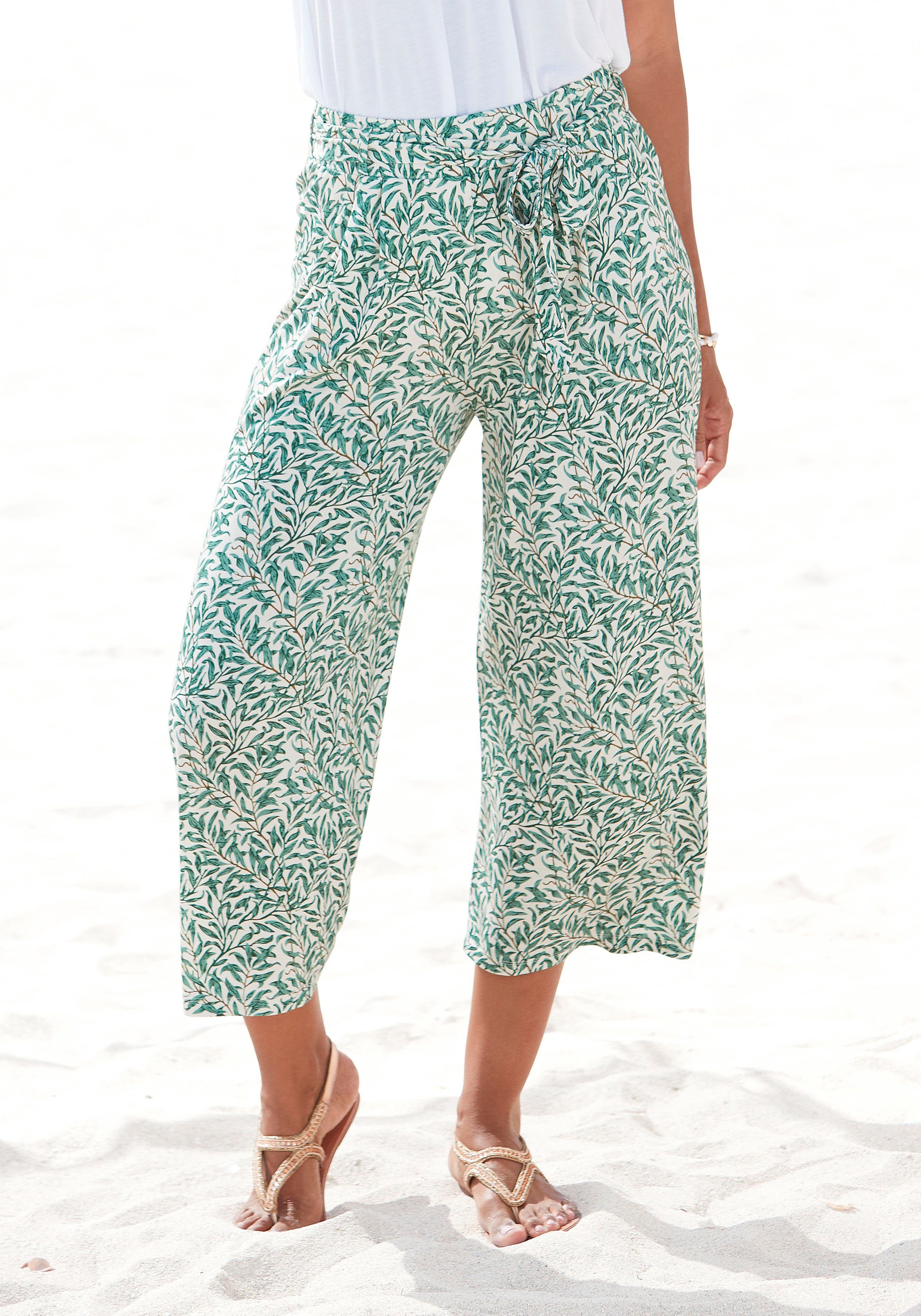 Beachtime Culotte met bladprint en striklint, luchtige lichtgewicht zomerbroek (Met een bindceintuur)