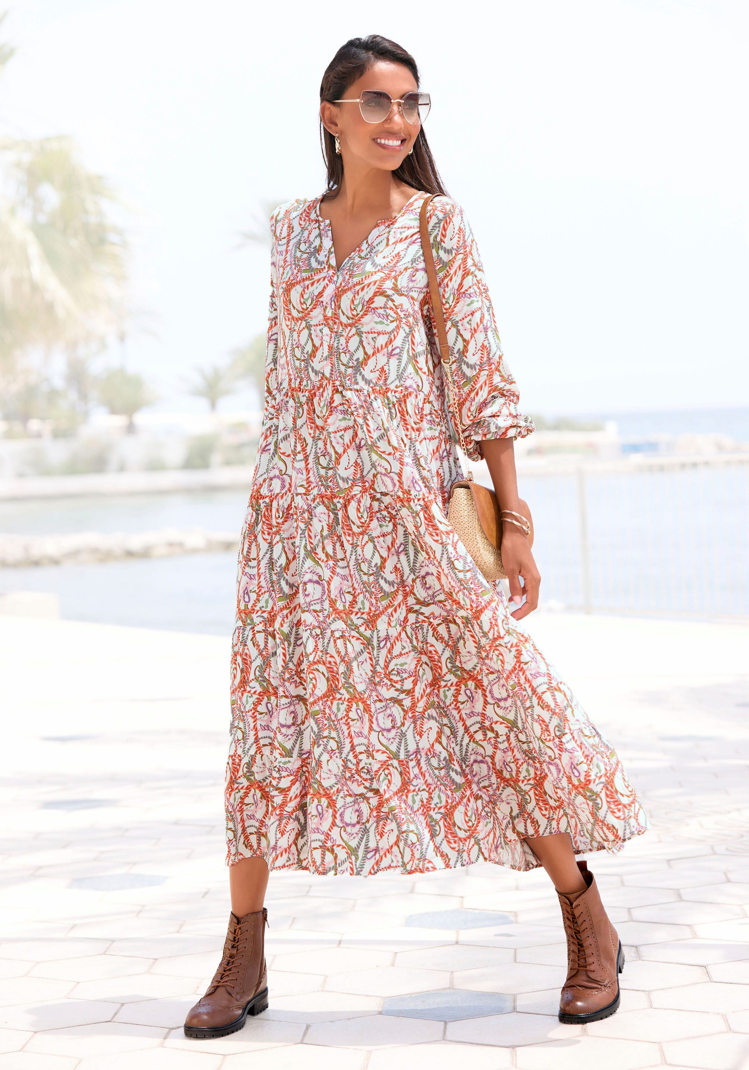 Lascana Maxi-jurk met all-over print en volants, lange mouwen, jurk met print, casual-chic