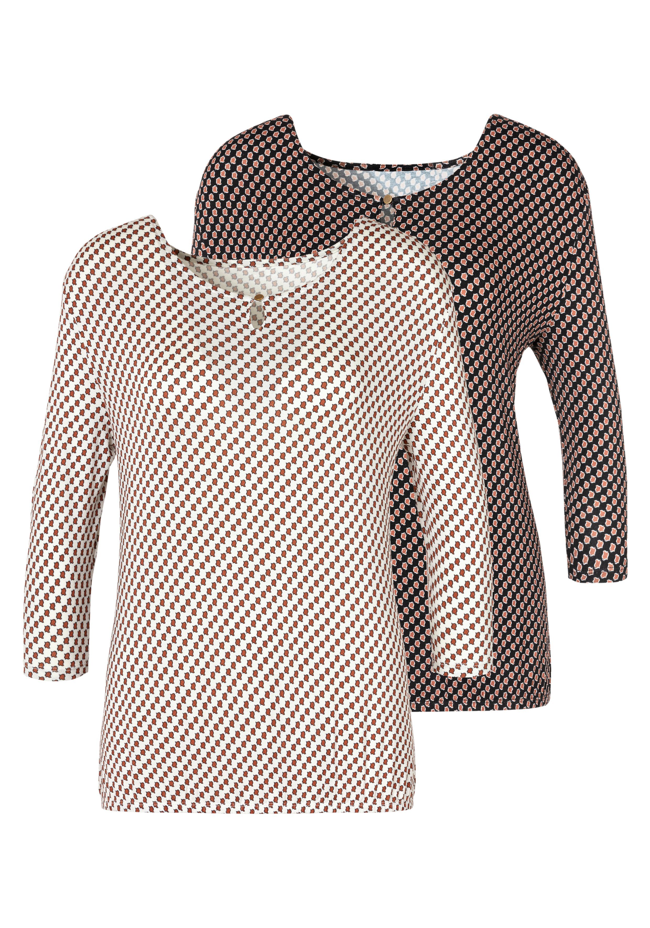 Vivance Shirt met ronde hals Met gouden sierknop bij de hals (Set van 2)