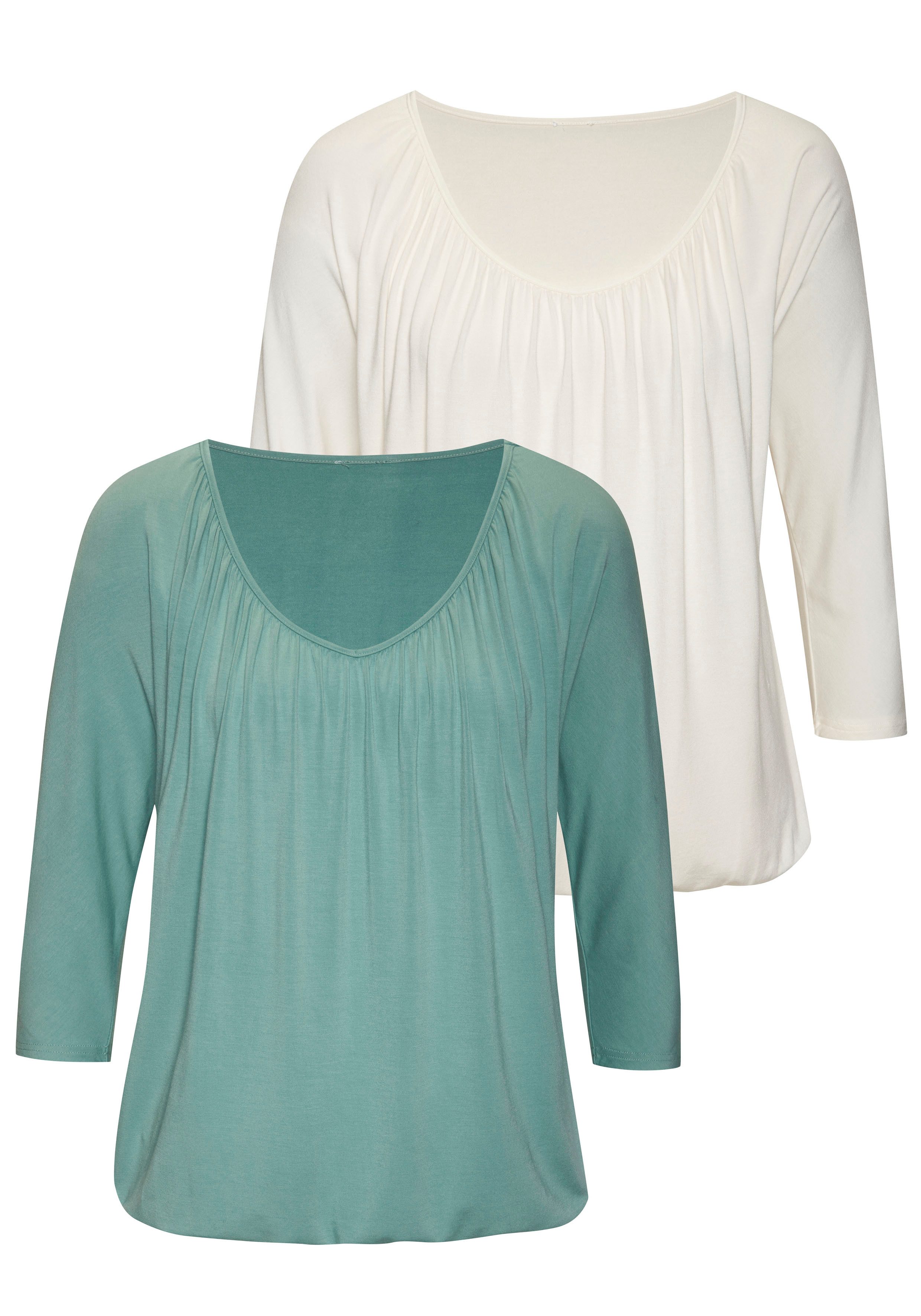 Lascana Shirt met 3/4 mouwen Met fijne plooien bij de hals (Set van 2)