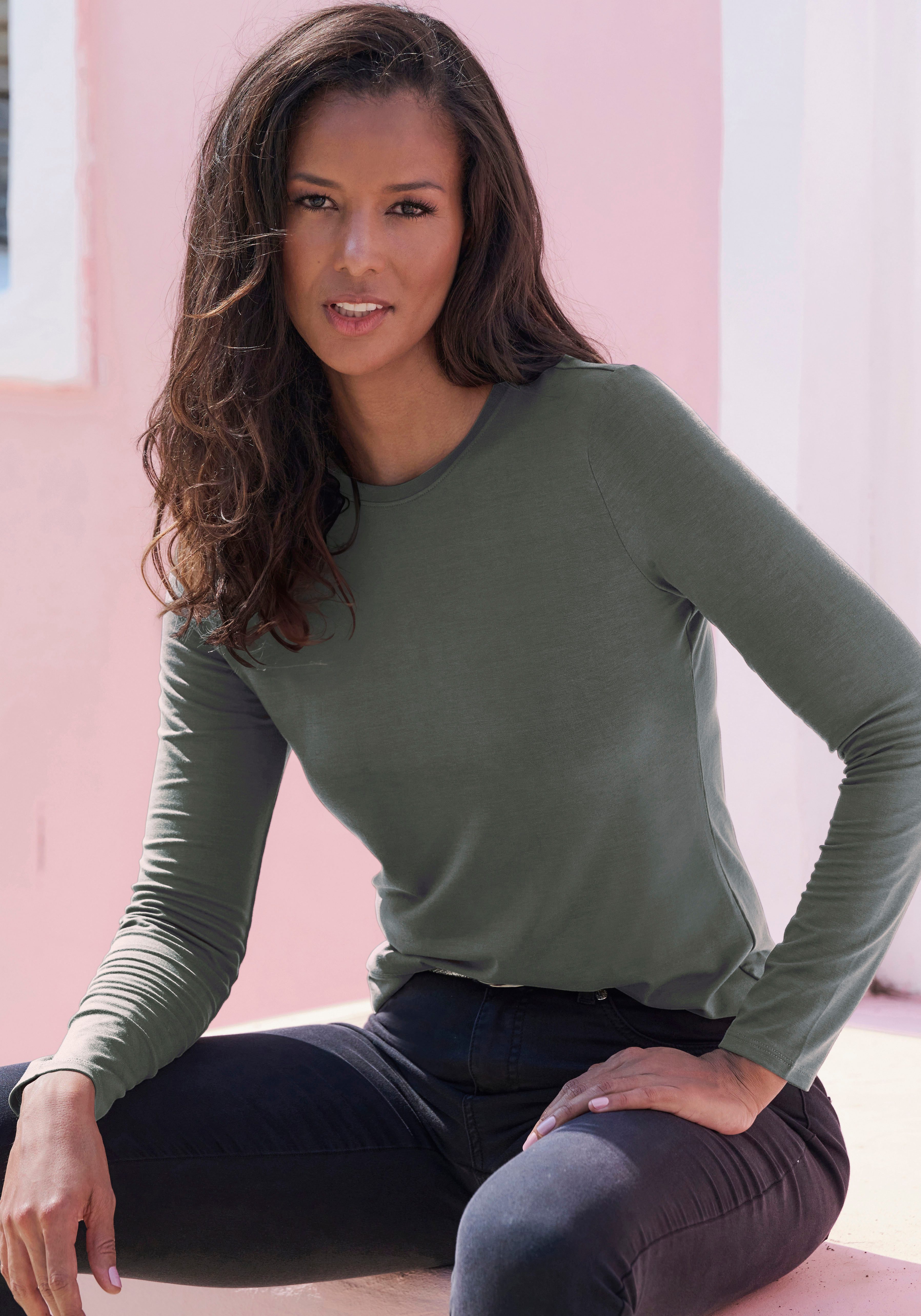 Lascana Shirt met lange mouwen Van zachte viscose-stretch van zachte viscosekwaliteit (Set van 2)