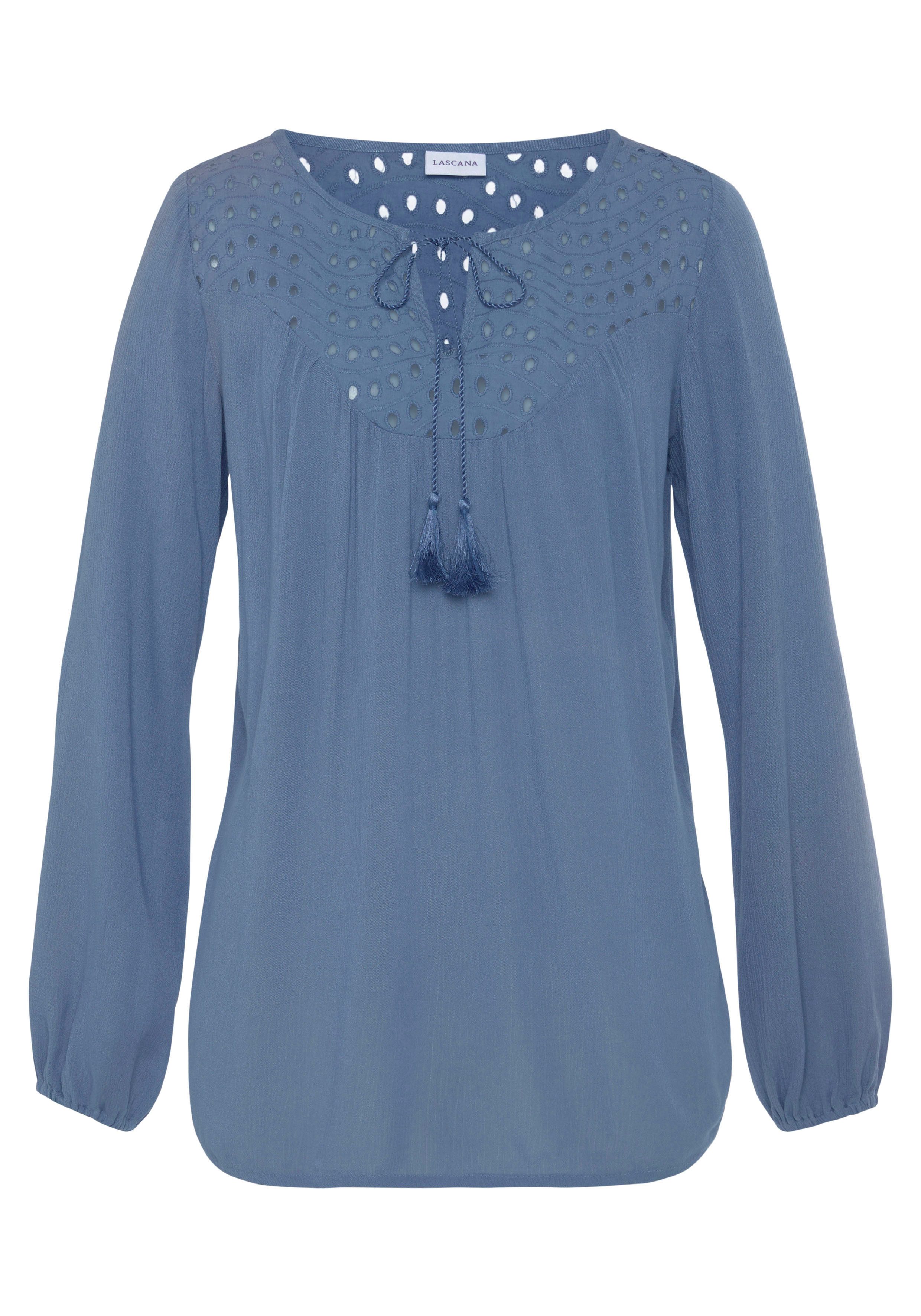 Lascana Crêpe-blouse met geborduurde oogjes, damesblouse, losse pasvorm strandtops maat 50 blauw