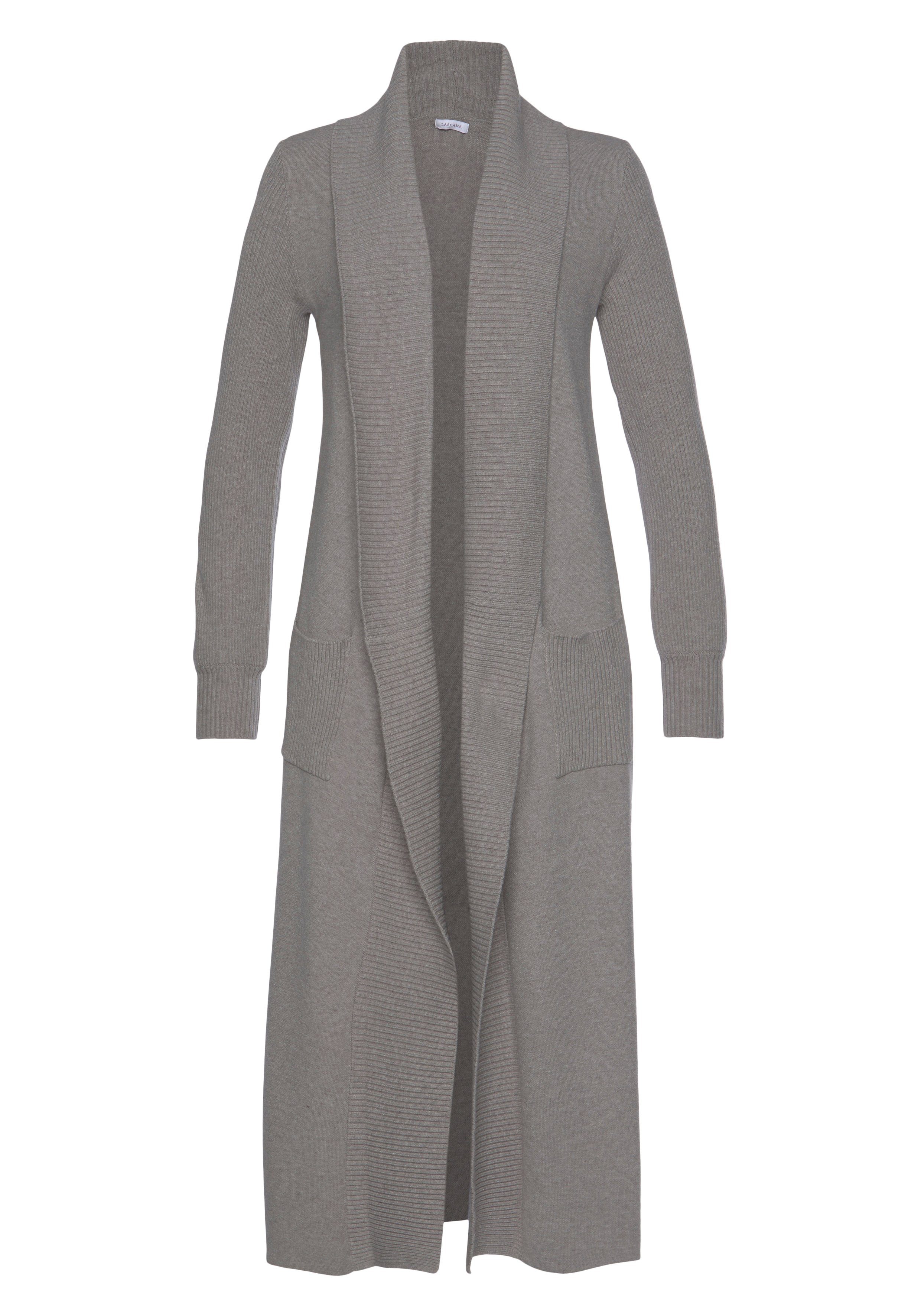 Lascana Lang vest met ribbrei-details en zakken, casual gebreide mantel strandvesten maat 40/42 grijs
