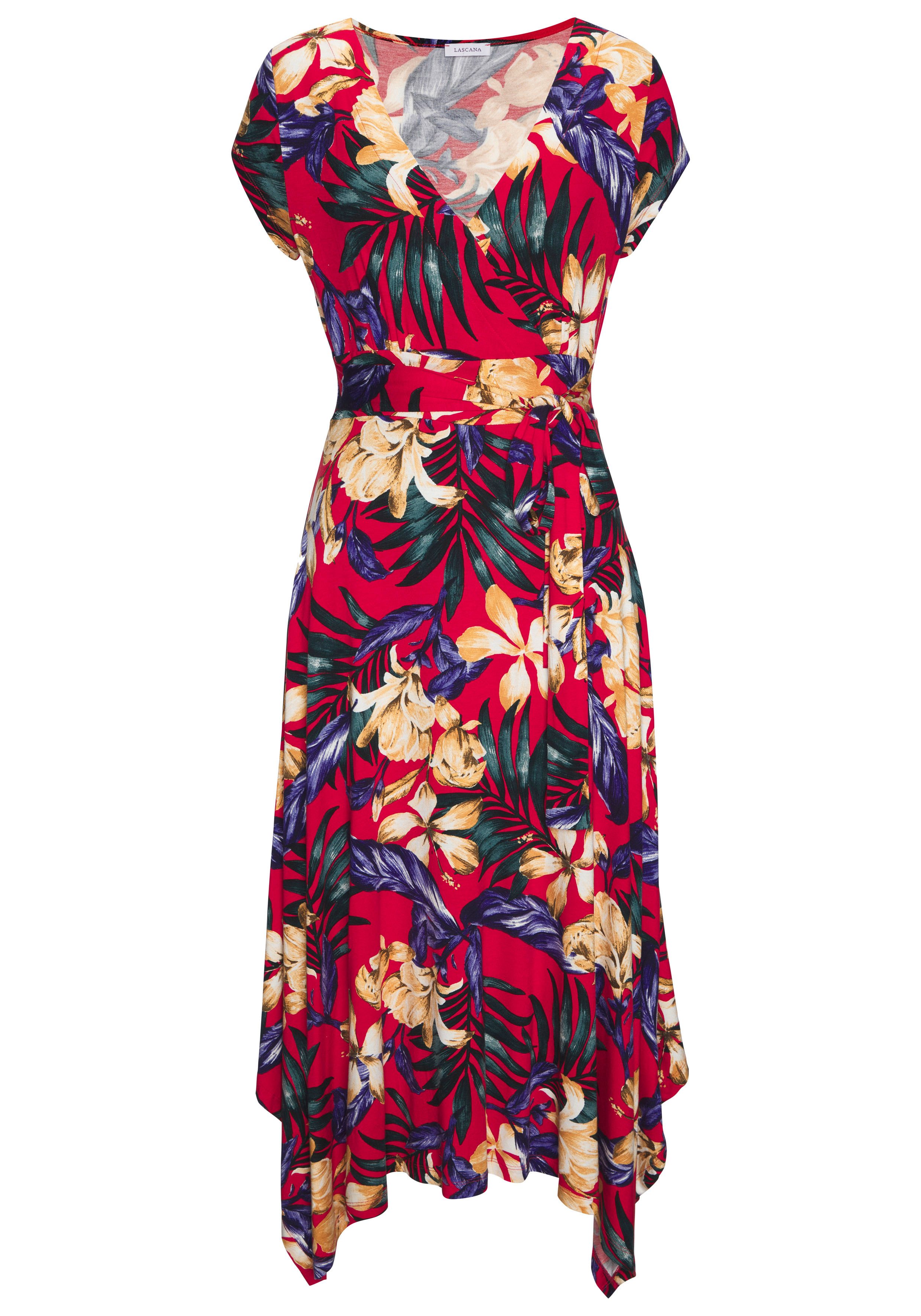 Lascana Zomerjurk met puntige zoom en strik in de taille, jersey jurk, strandjurk