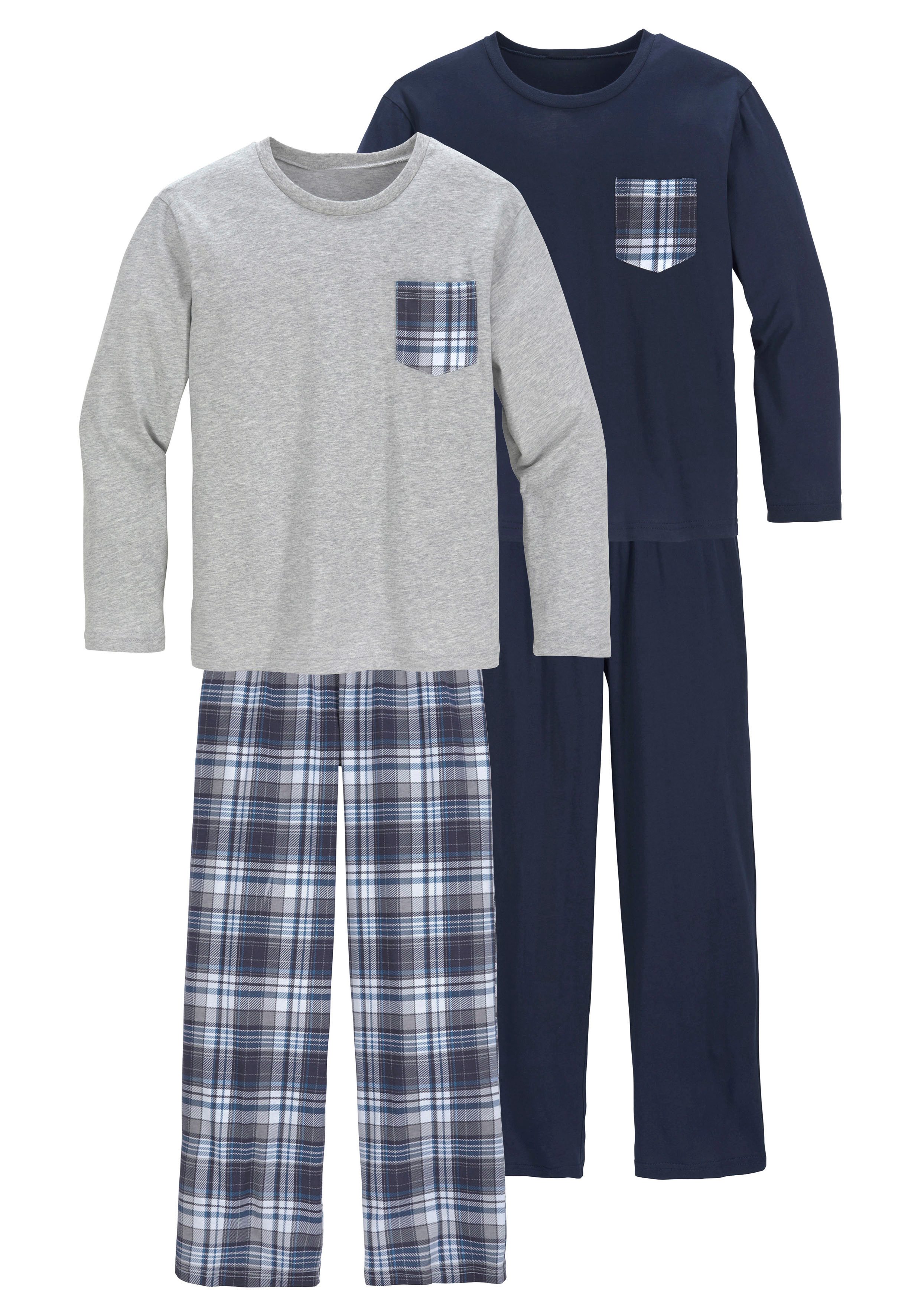le jogger® Pyjama Pyjama in lange vorm, broek 1x uni en 1x geruit (4-delig, Set van 2) heren maat 122/128 multicolor