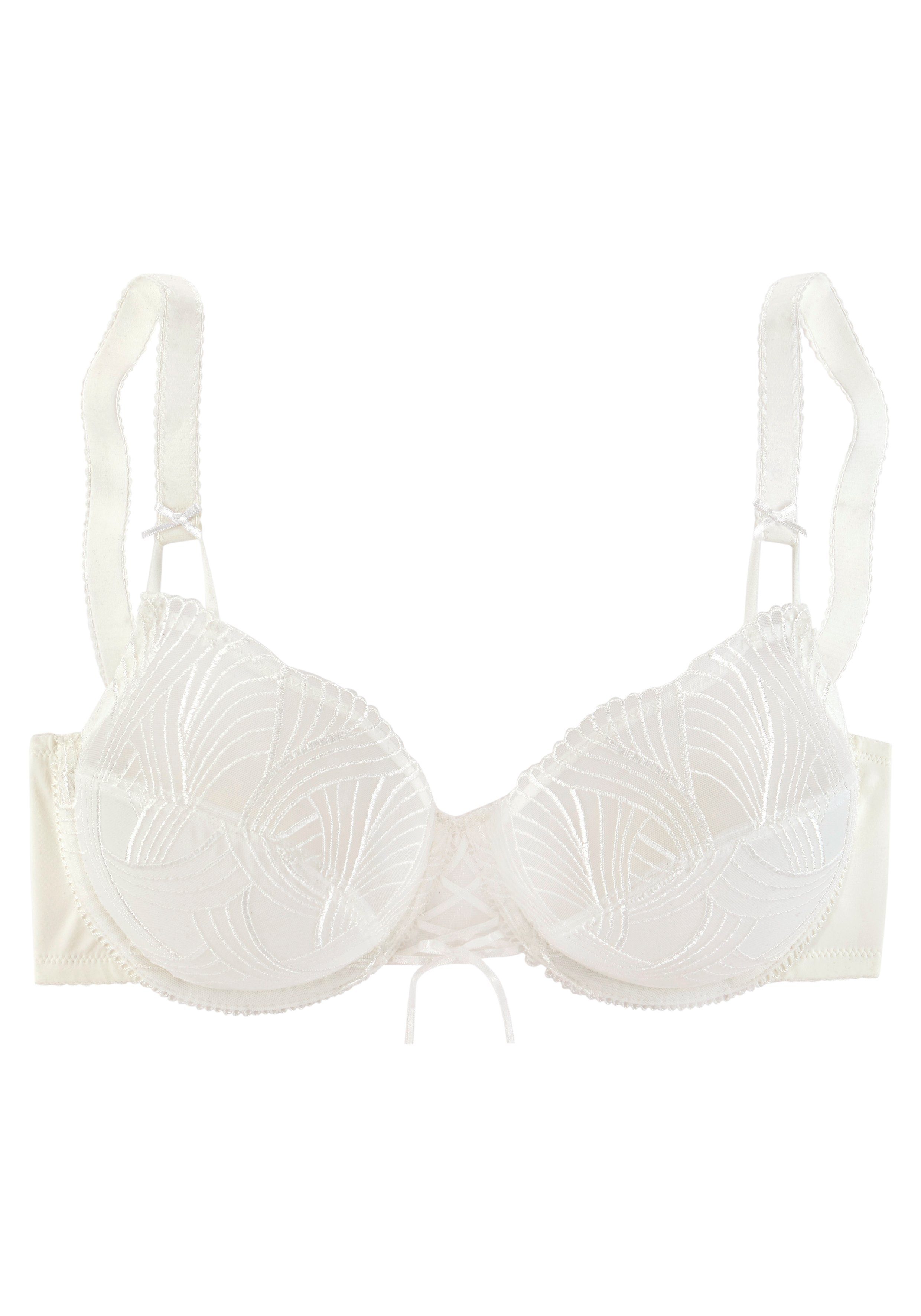 Lascana Beugel-bh met modieuze geborduurde kant en vetersluiting, dessous beugel bh's maat D D beige