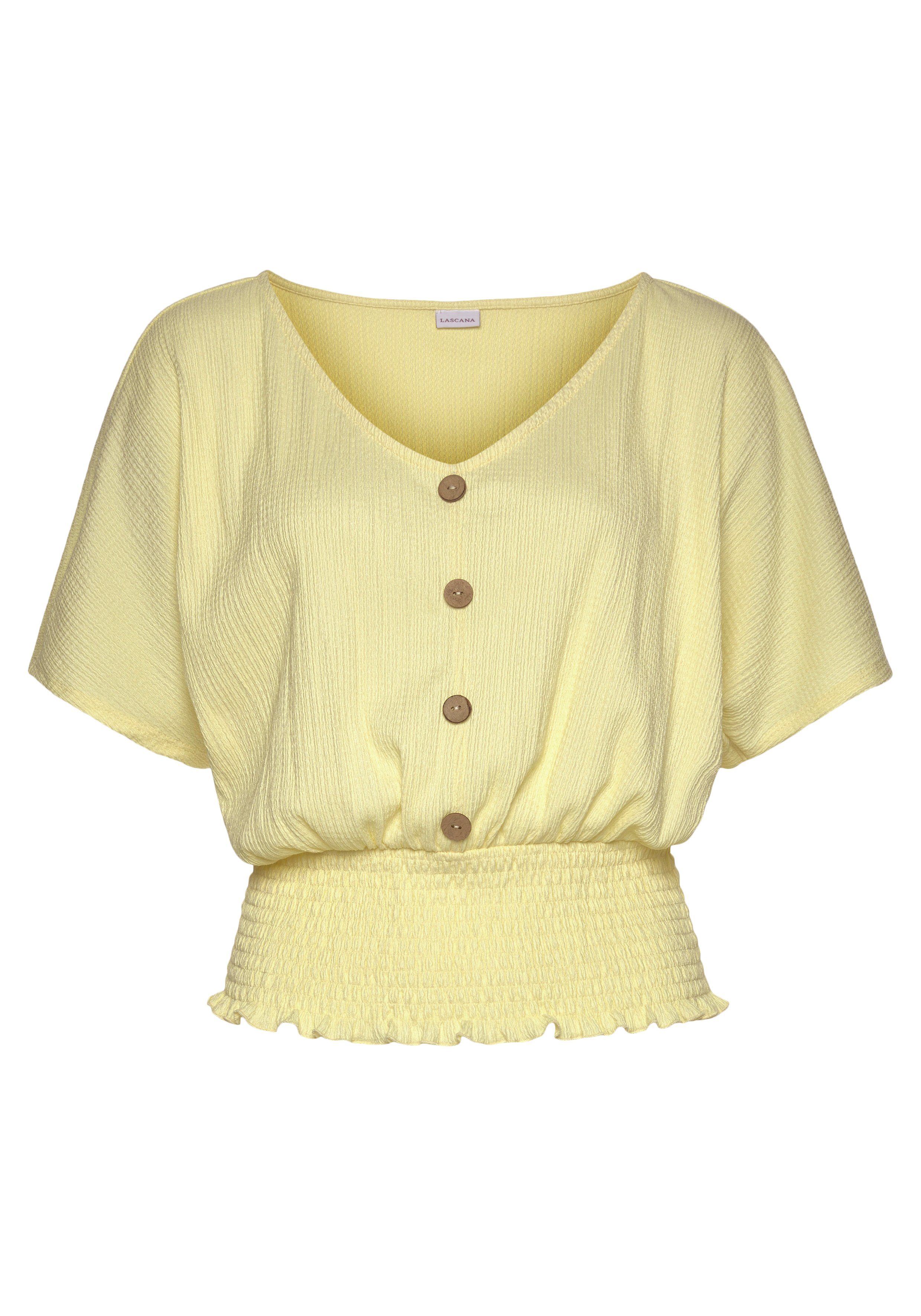 Lascana Shirt met V-hals met brede gesmokte zoom en kraag, blouseshirt, zomers