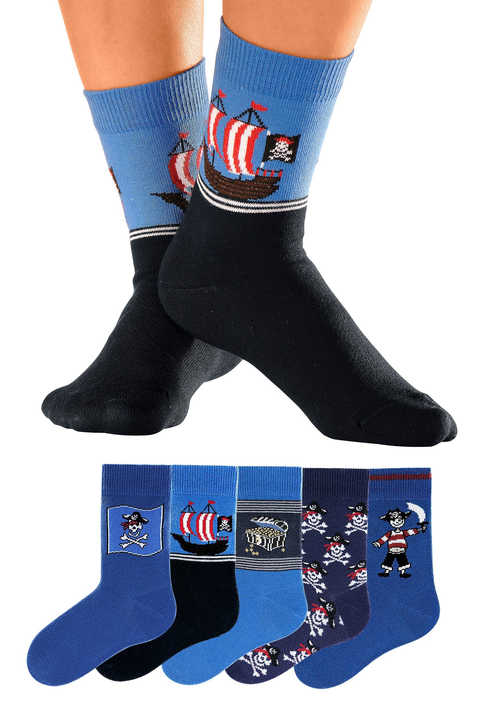 H.I.S Sokken met piratenmotieven (set, 5 paar) heren maat 19-22 blauw