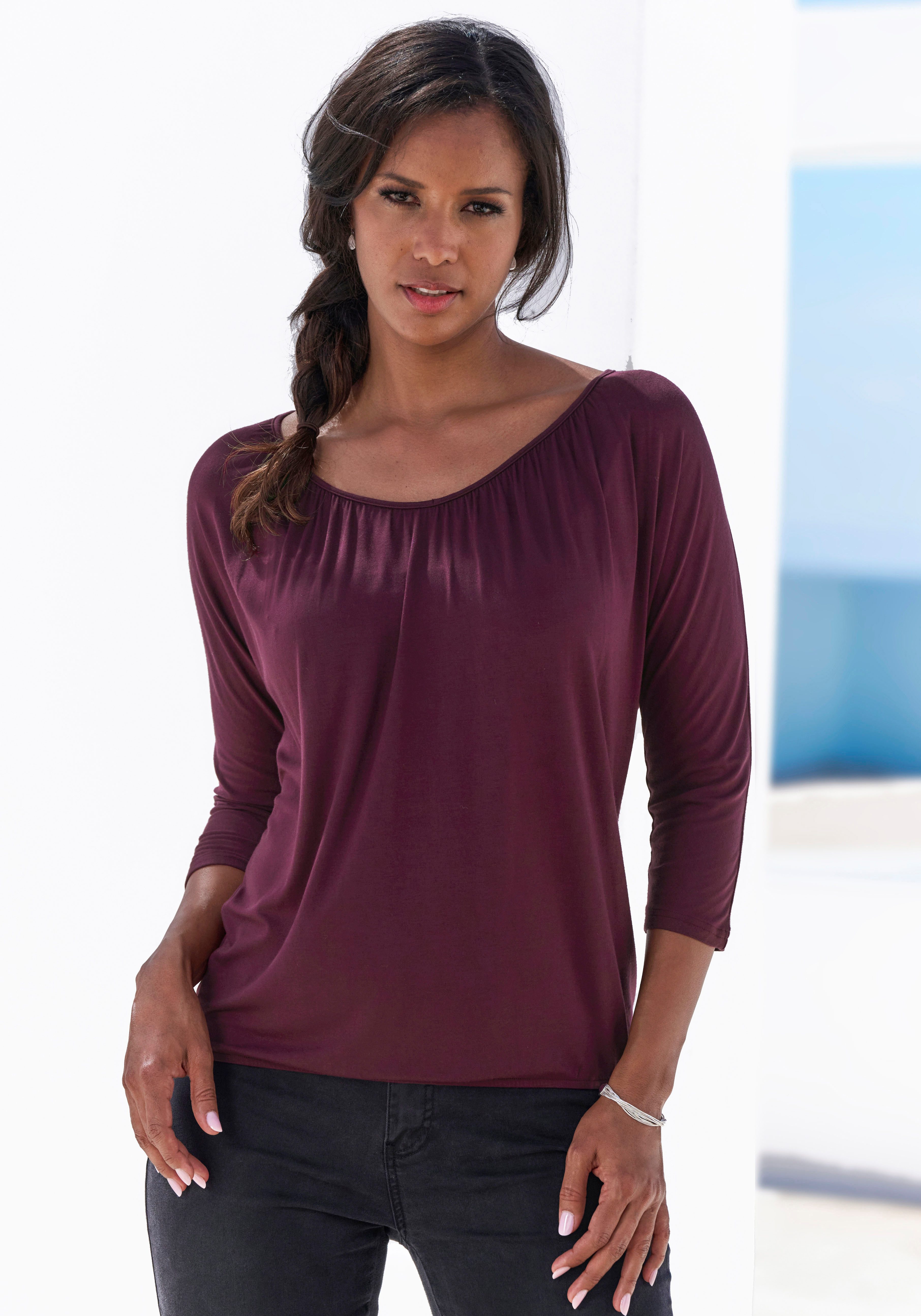 Lascana Shirt met 3/4 mouwen Met fijne plooien bij de hals (Set van 2)