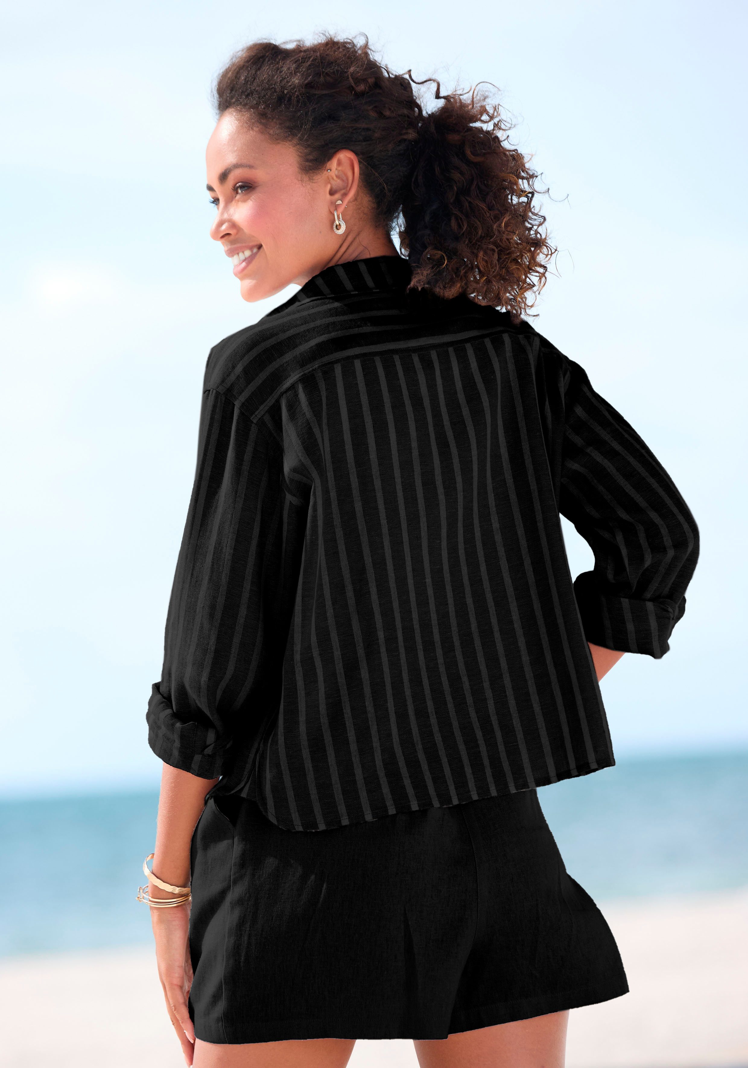 Buffalo Overhemdblouse met linnenpercentage, luchtige lange blouse met overhemdkraag