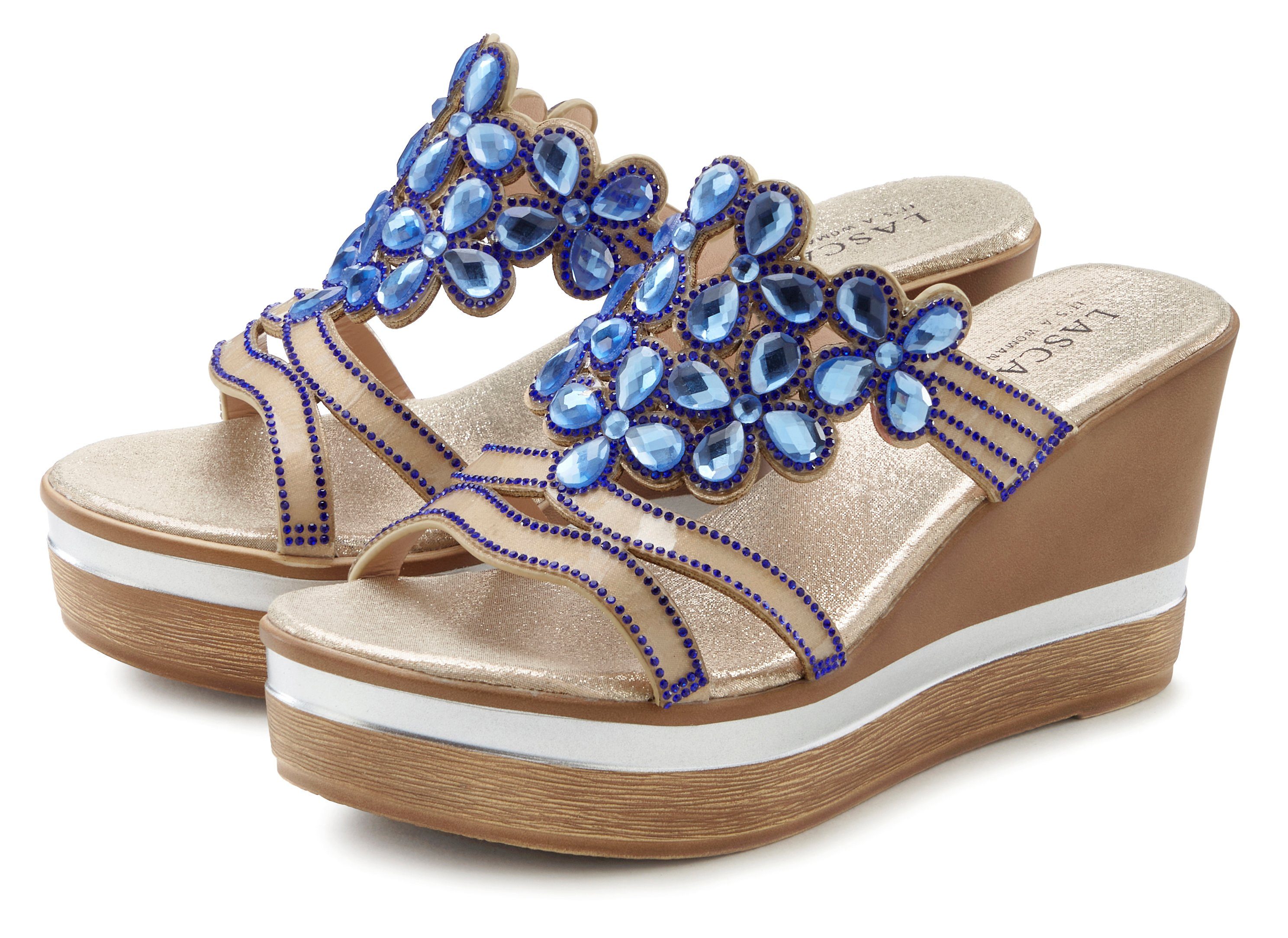 Lascana Slippers Mule, sandaal, open schoen met sleehak en uitgebreide versiering