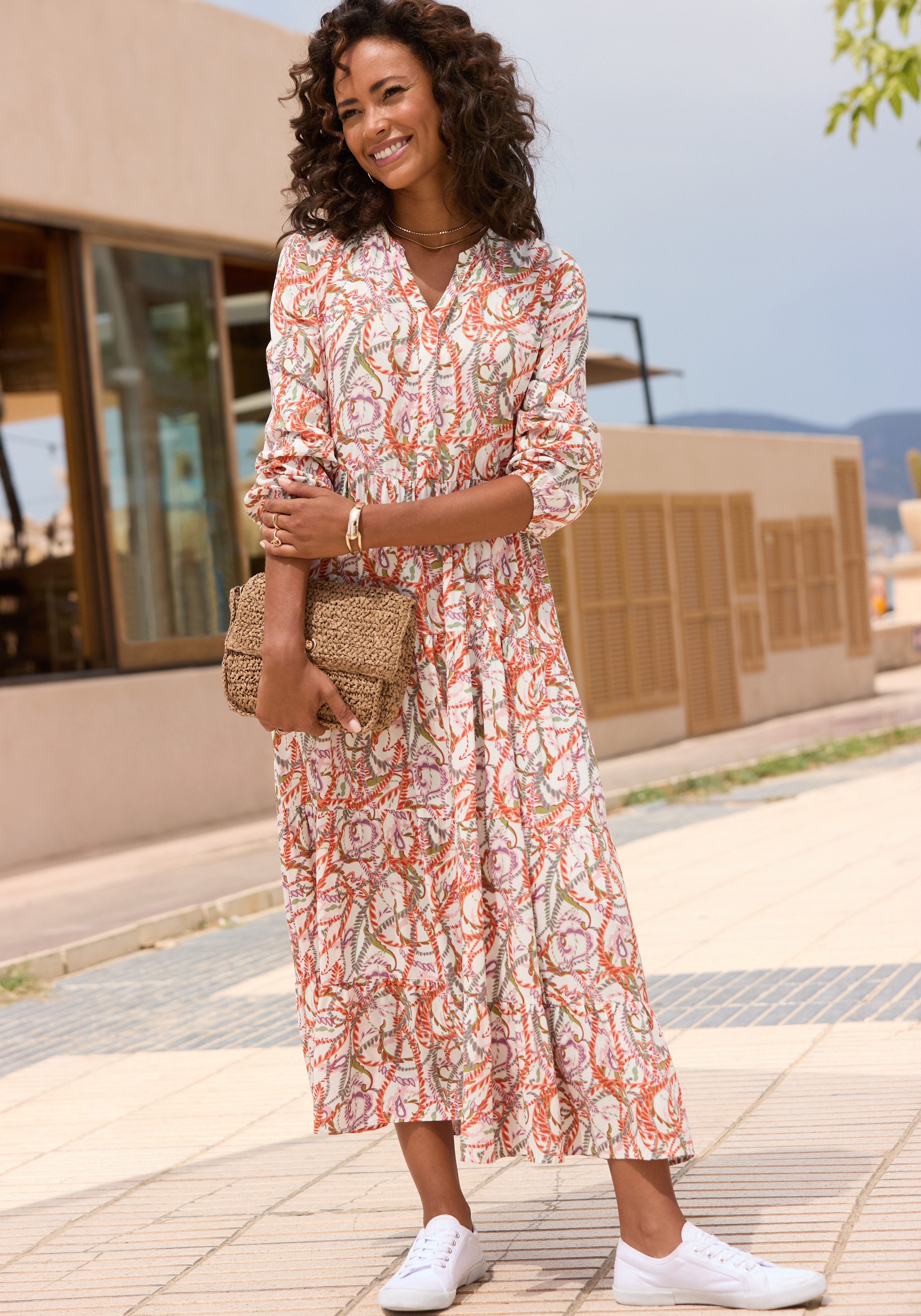 Lascana Maxi-jurk met all-over print en volants, lange mouwen, jurk met print, casual-chic