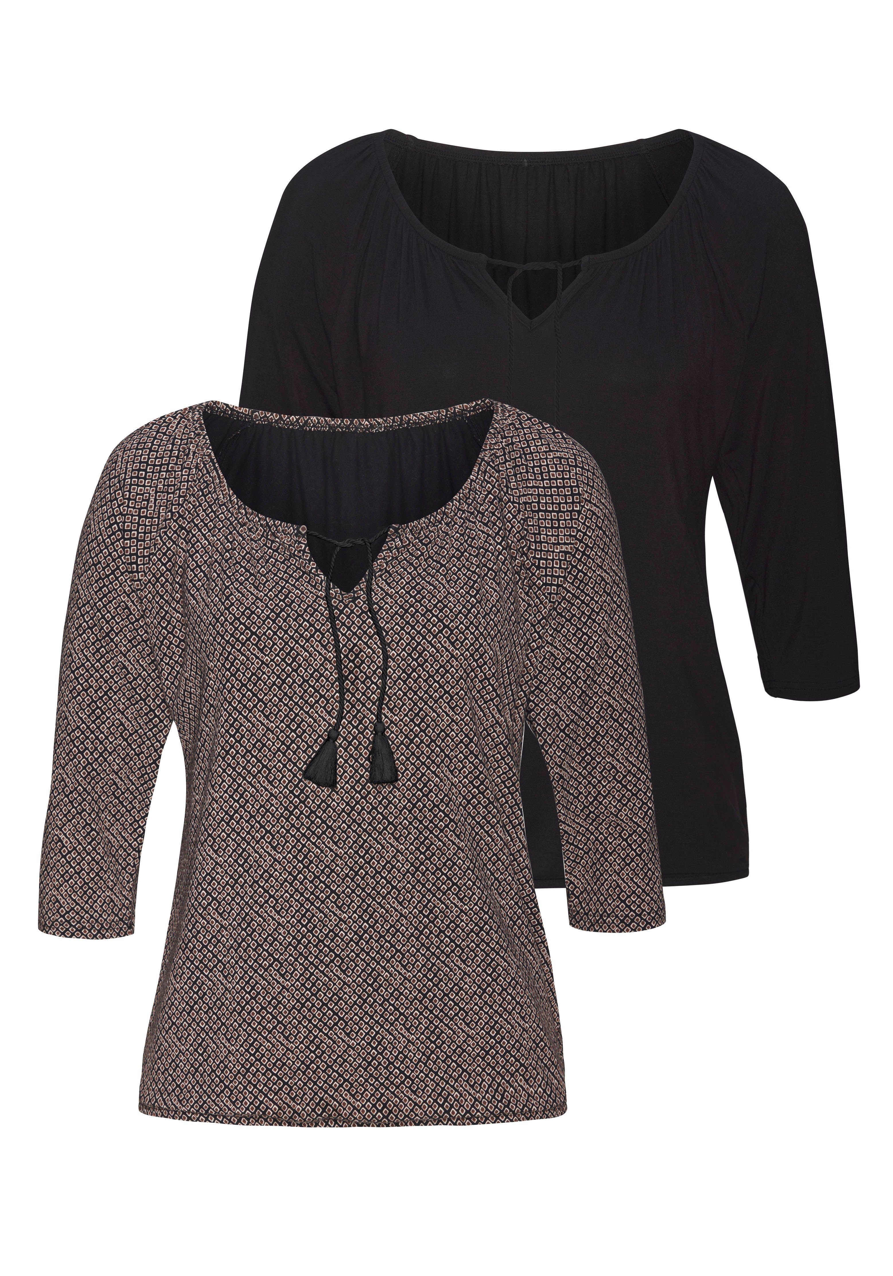 Lascana Shirt met 3/4 mouwen Met modieuze kwastjes van zachte viscose-stretch (Set van 2)