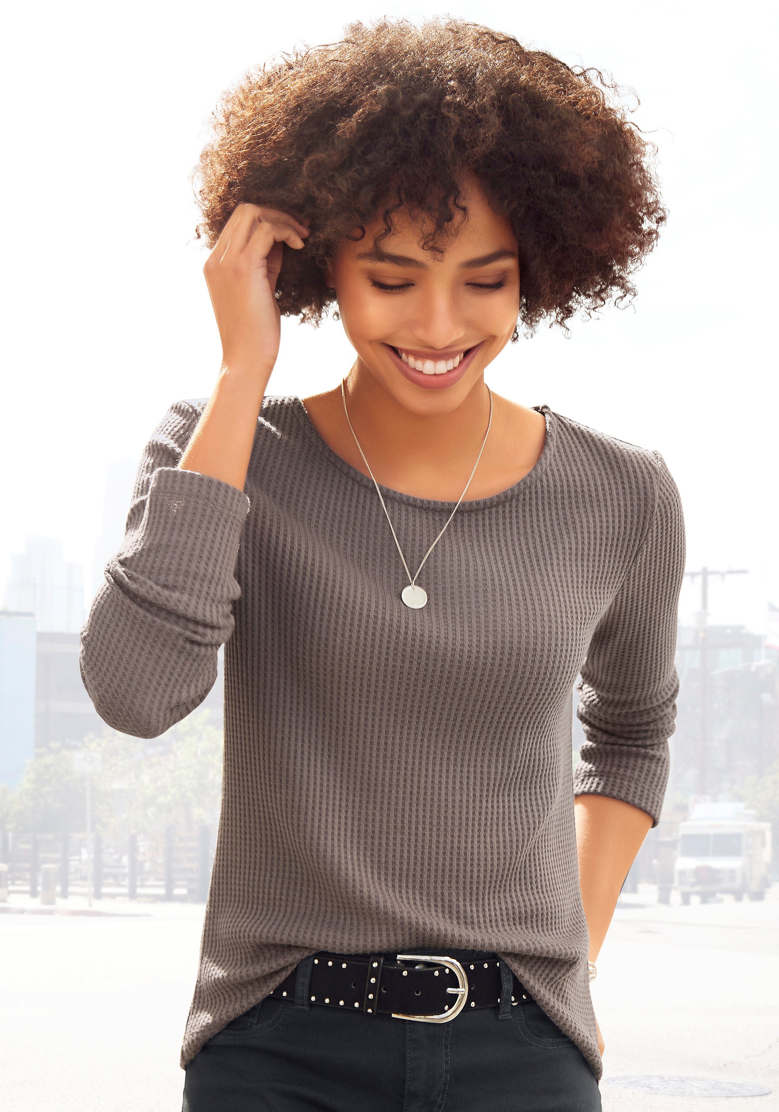 Lascana Shirt met lange mouwen In modieuze piqué-optiek van onderhoudsvriendelijke kwaliteit met viscose (Set van 2)