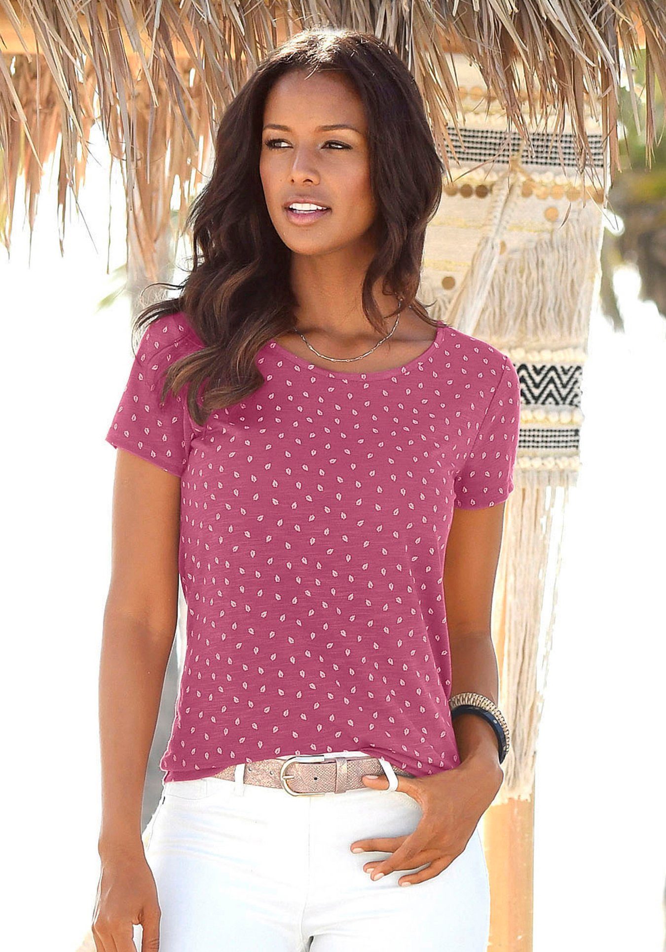 Lascana T-shirt met leuke bladprint en cut-out in de nek (Set van 2)