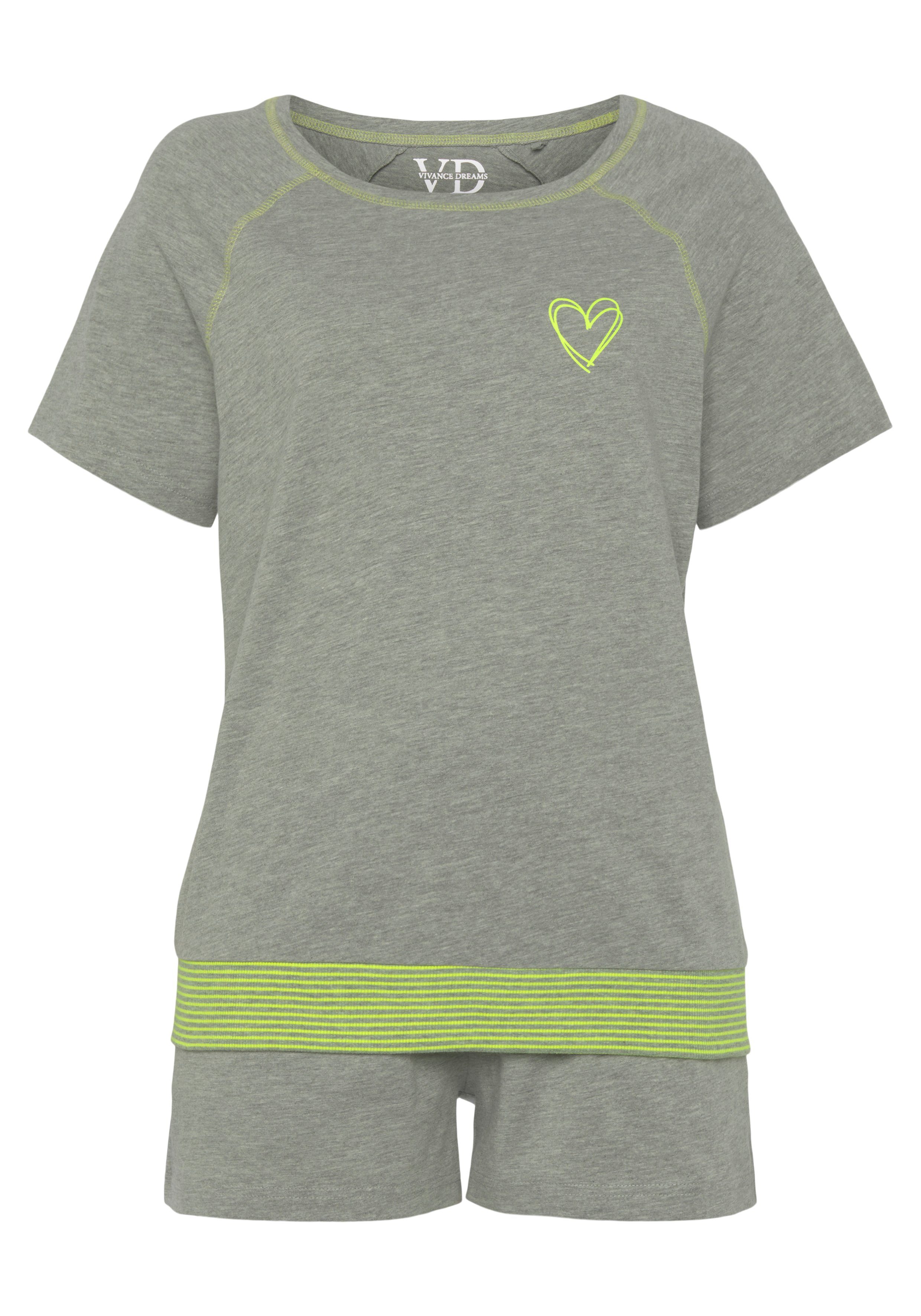 Vivance Dreams Shortama met decoratieve flatlock-naden in neonkleuren (2-delig) shorty's maat 48/50 grijs