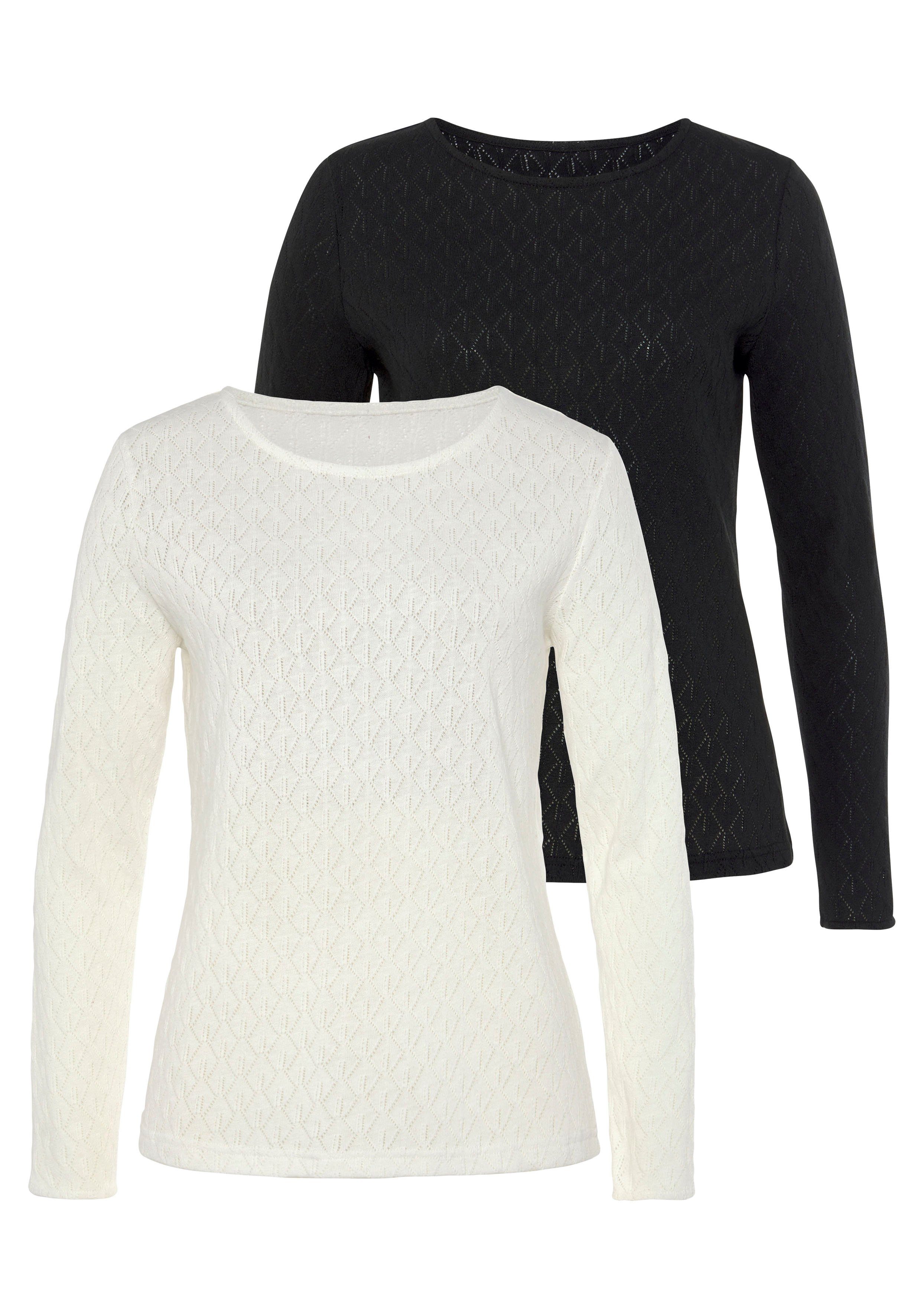 Vivance Shirt met lange mouwen Met modieus ajourpatroon (2-delig, Set van 2)