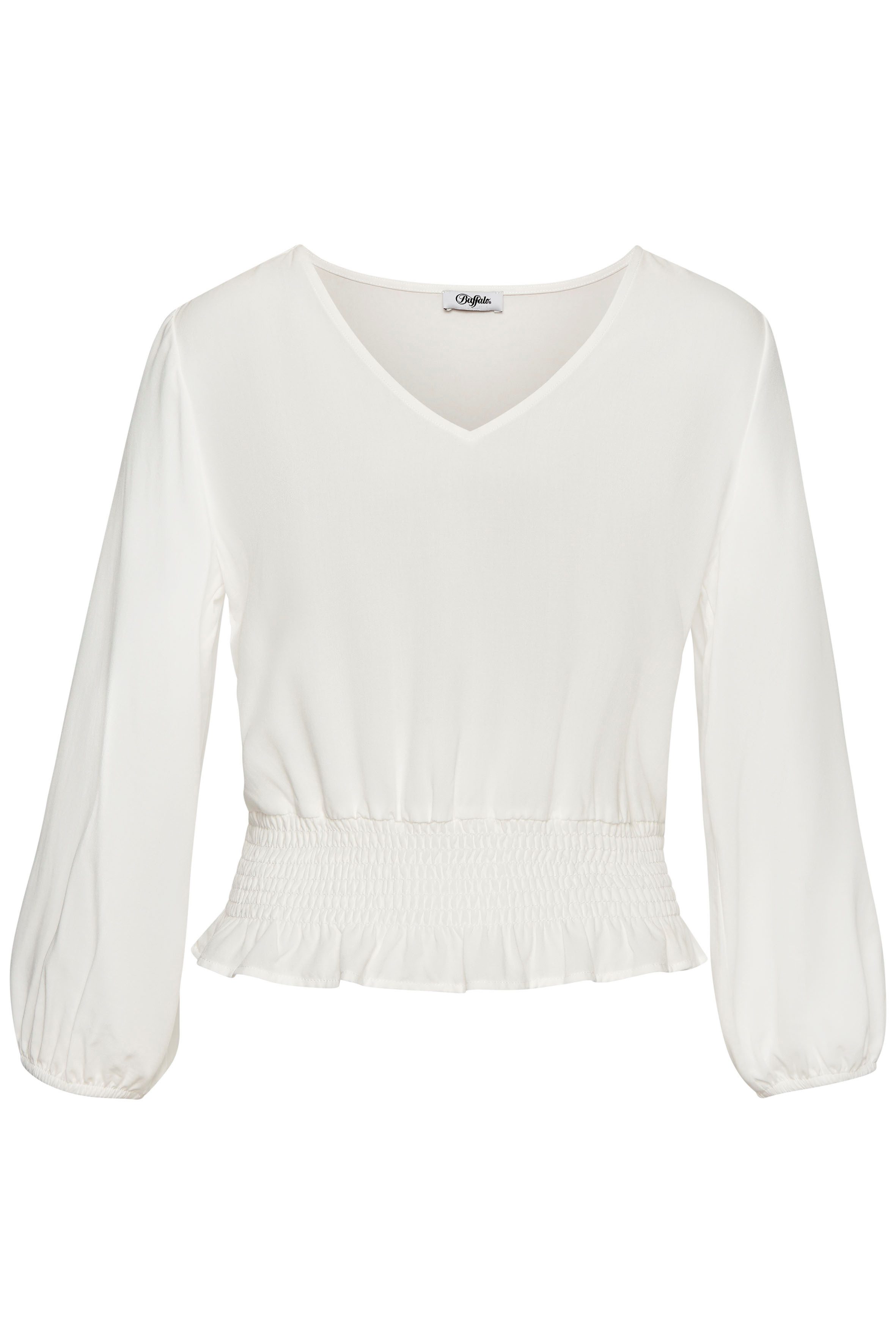 Buffalo Blouse met lange mouwen met brede smokzoom, zomerse damesblouse met v-hals