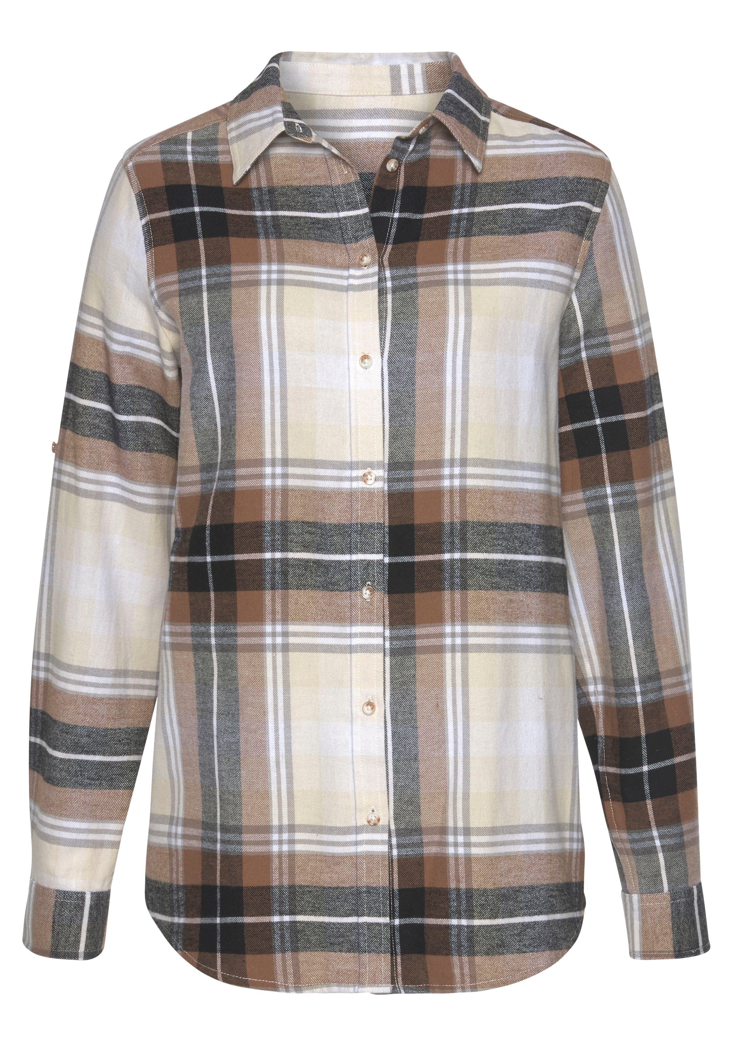 Buffalo Overhemdblouse van zachte flanel met blousekraag, flanellen shirt, ruitblouse strandtops maat 38 beige