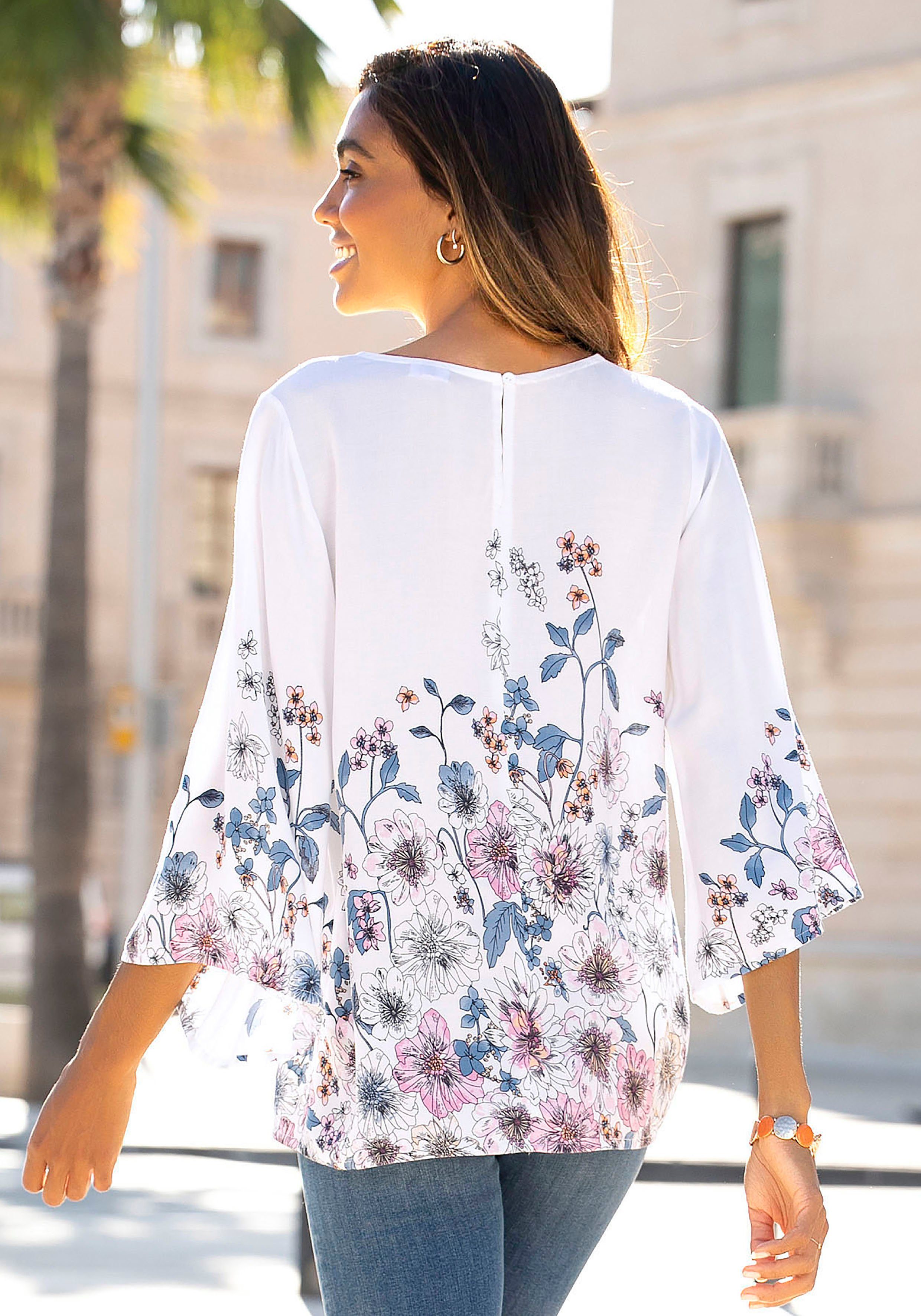 Lascana Blouse zonder sluiting met bloemenprint en trompetmouwen, blouseshirt, zomers