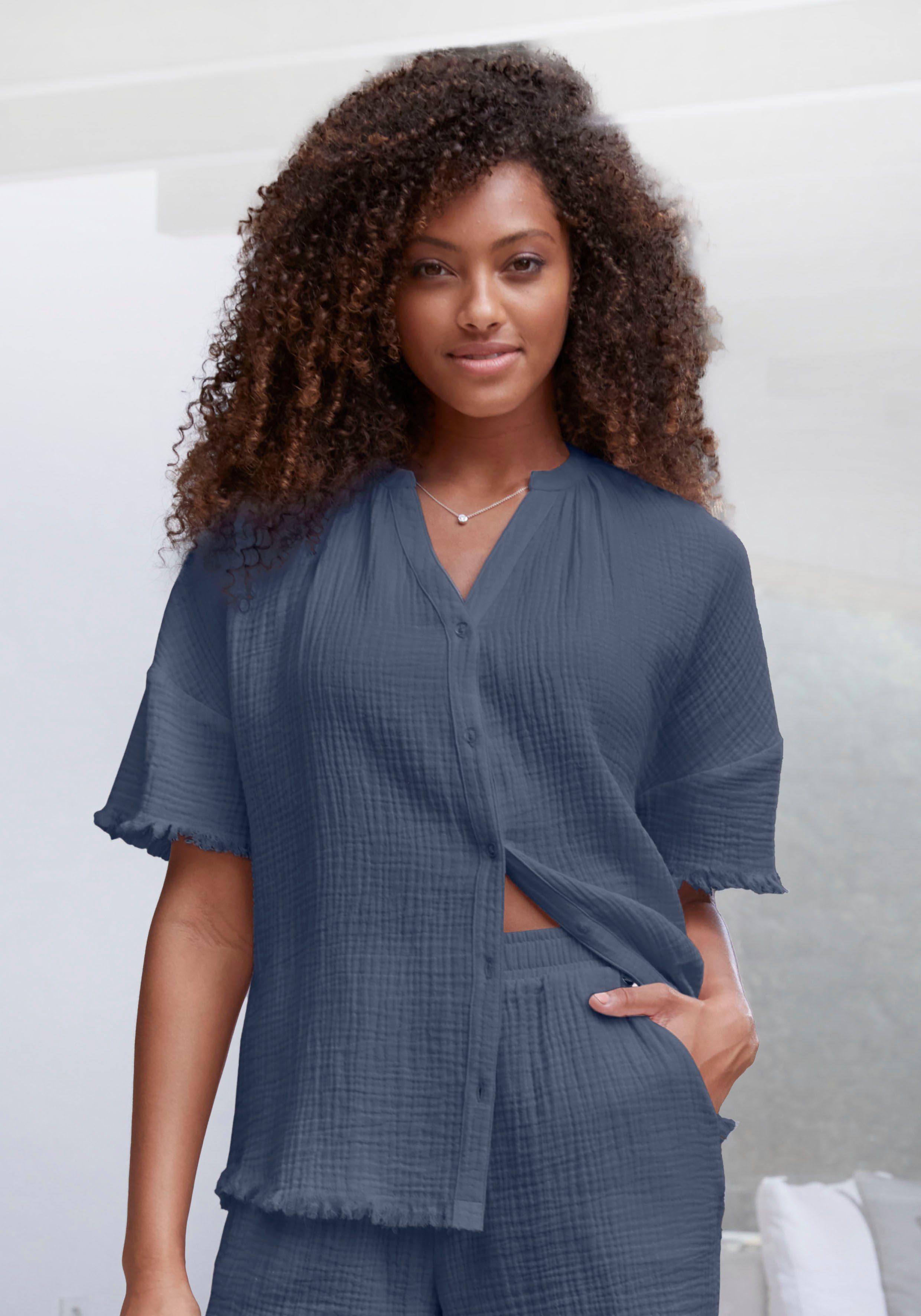 s.Oliver RED LABEL Beachwear Pyjama top van geweven mousseline stof