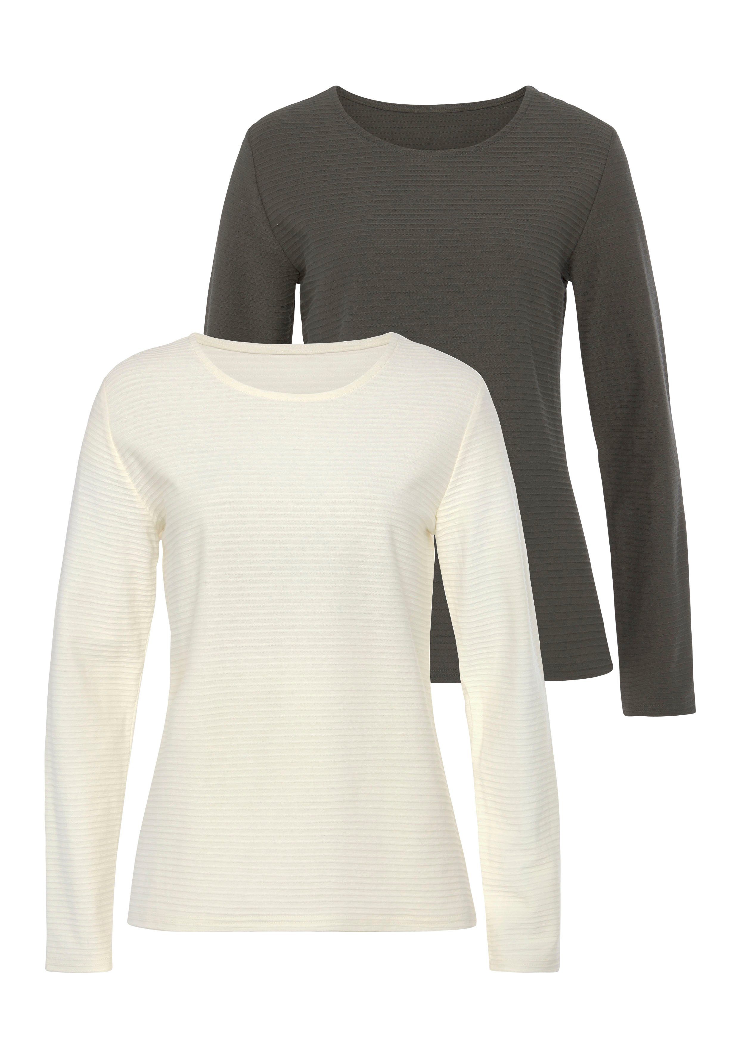 Lascana Shirt met lange mouwen Met streepstructuur in een zachte katoenkwaliteit (2-delig, Set van 2)