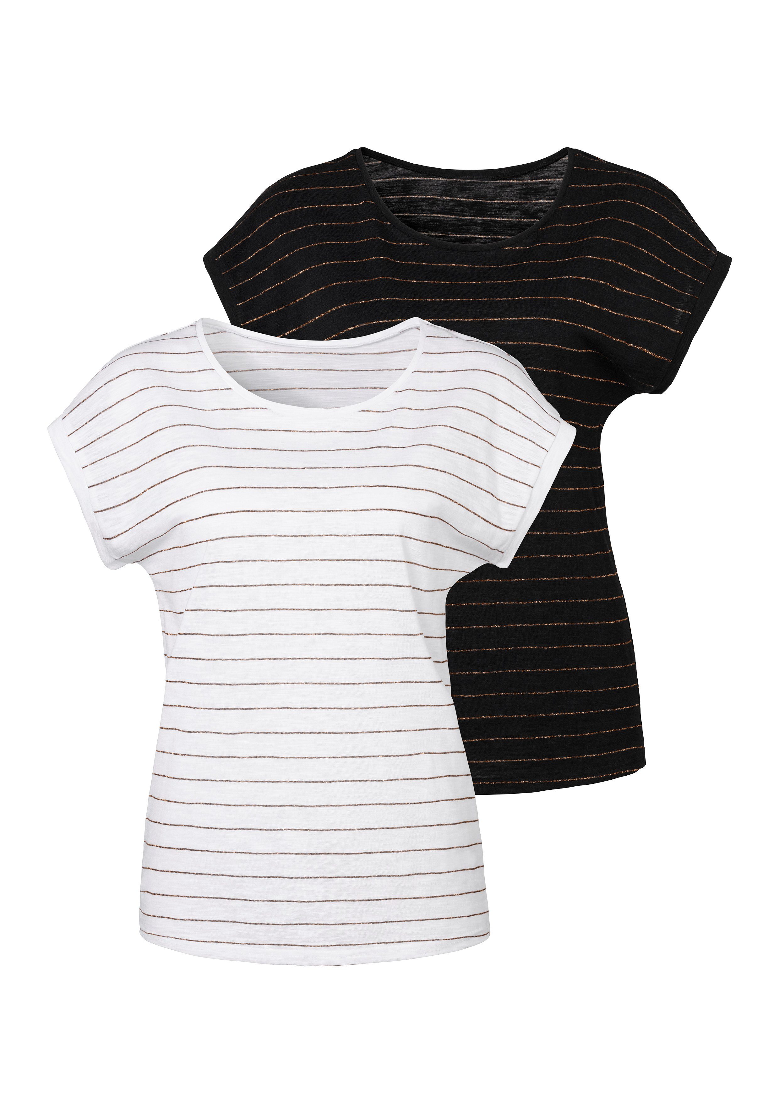 Vivance Shirt met ronde hals Met koperkleurige Lurex-strepen (Set van 2)